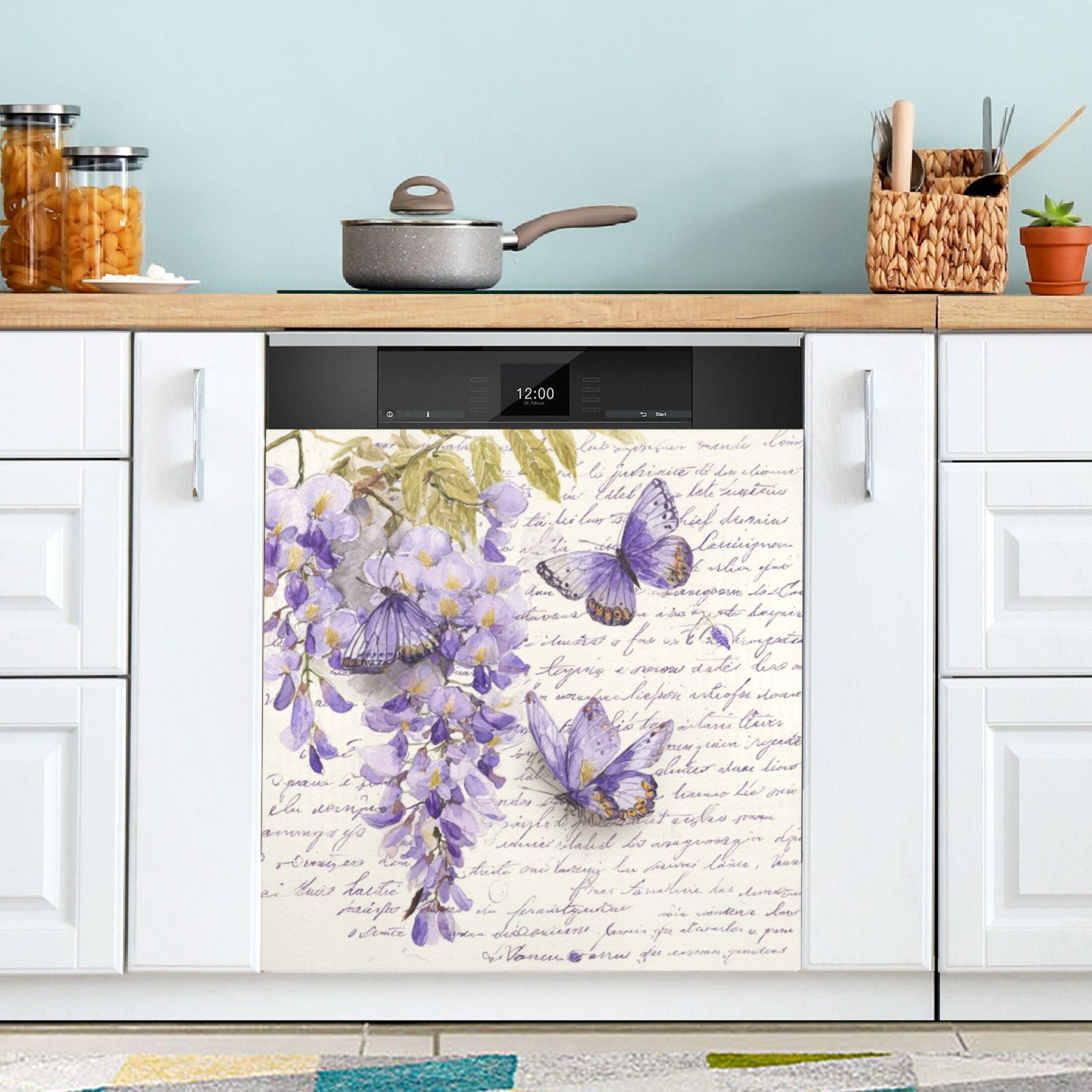 Dishwasher Magnetic Refrigerator Magnet Cover Sticker Home Decorative 23"x26" Butterflies and Wisteria Flowers
