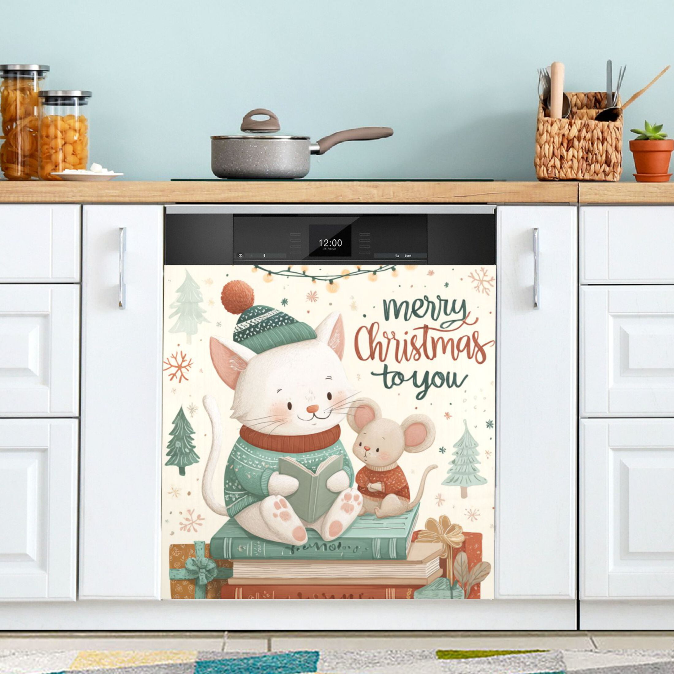 Dishwasher Magnetic Refrigerator Magnet Cover Sticker Home Decorative 23"x26" Christmas Cat and Mouse