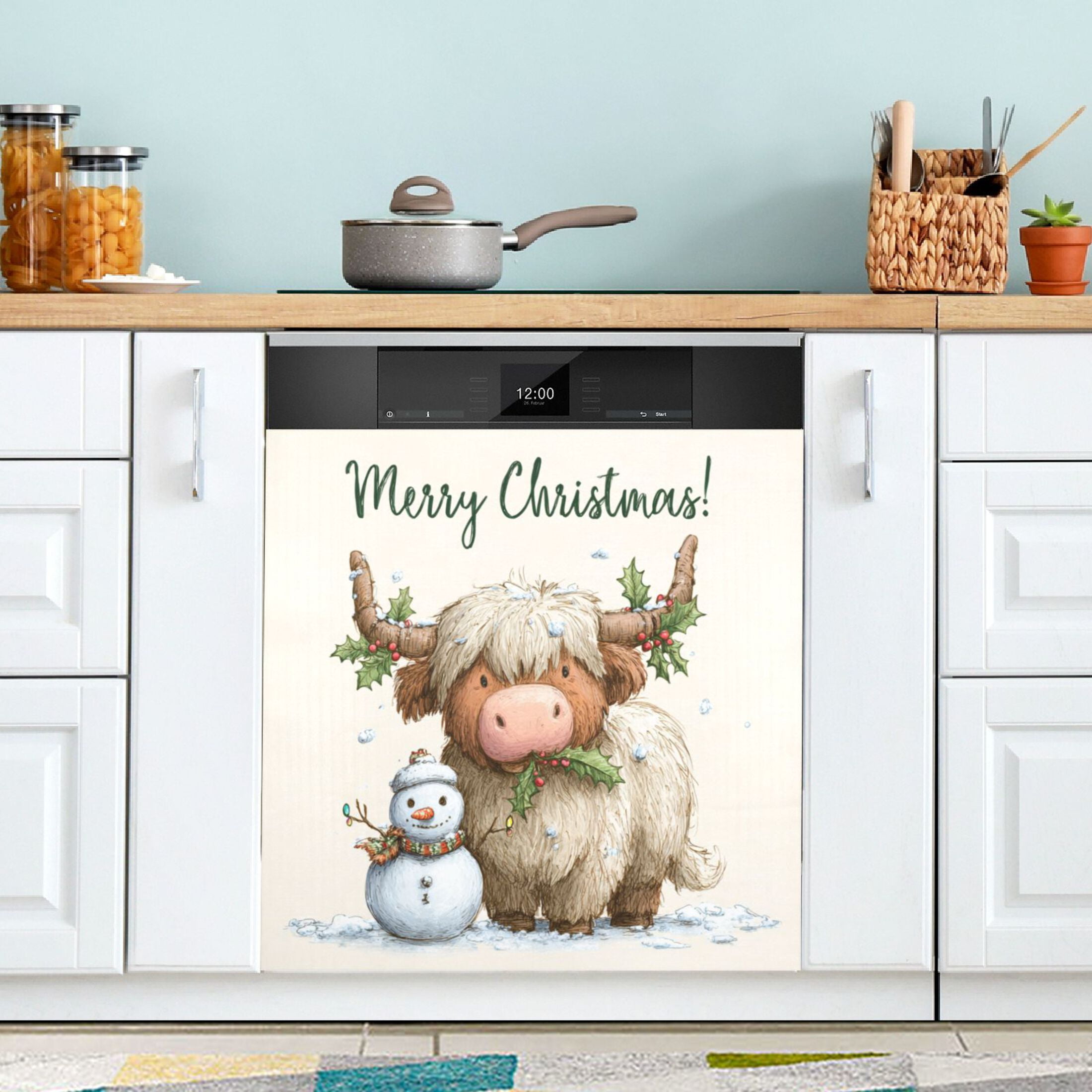 Dishwasher Magnetic Refrigerator Magnet Cover Sticker Home Decorative 23"x26" Christmas Highland Cow