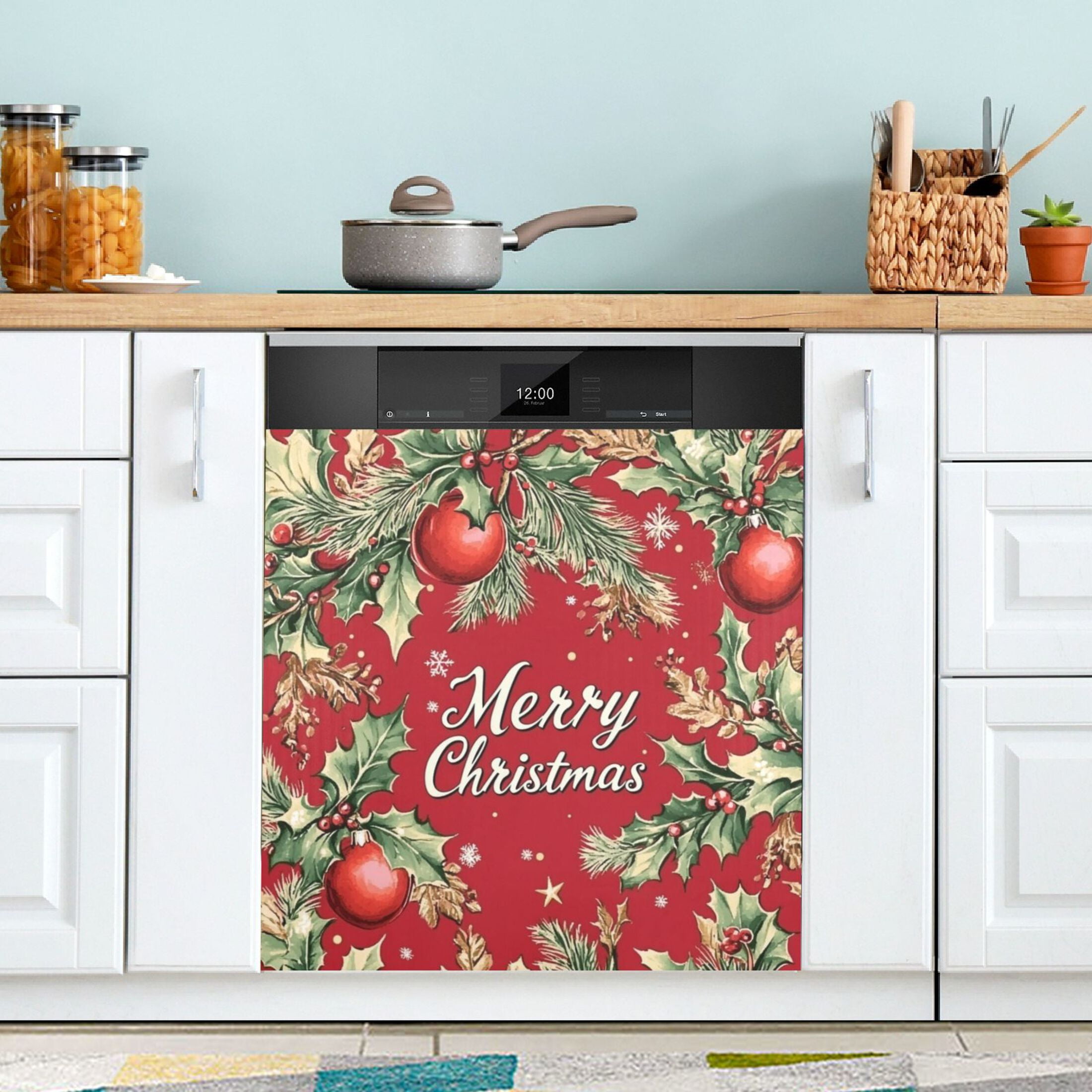 Dishwasher Magnetic Refrigerator Magnet Cover Sticker Home Decorative 23"x26" Christmas Leaves Merry Christmas