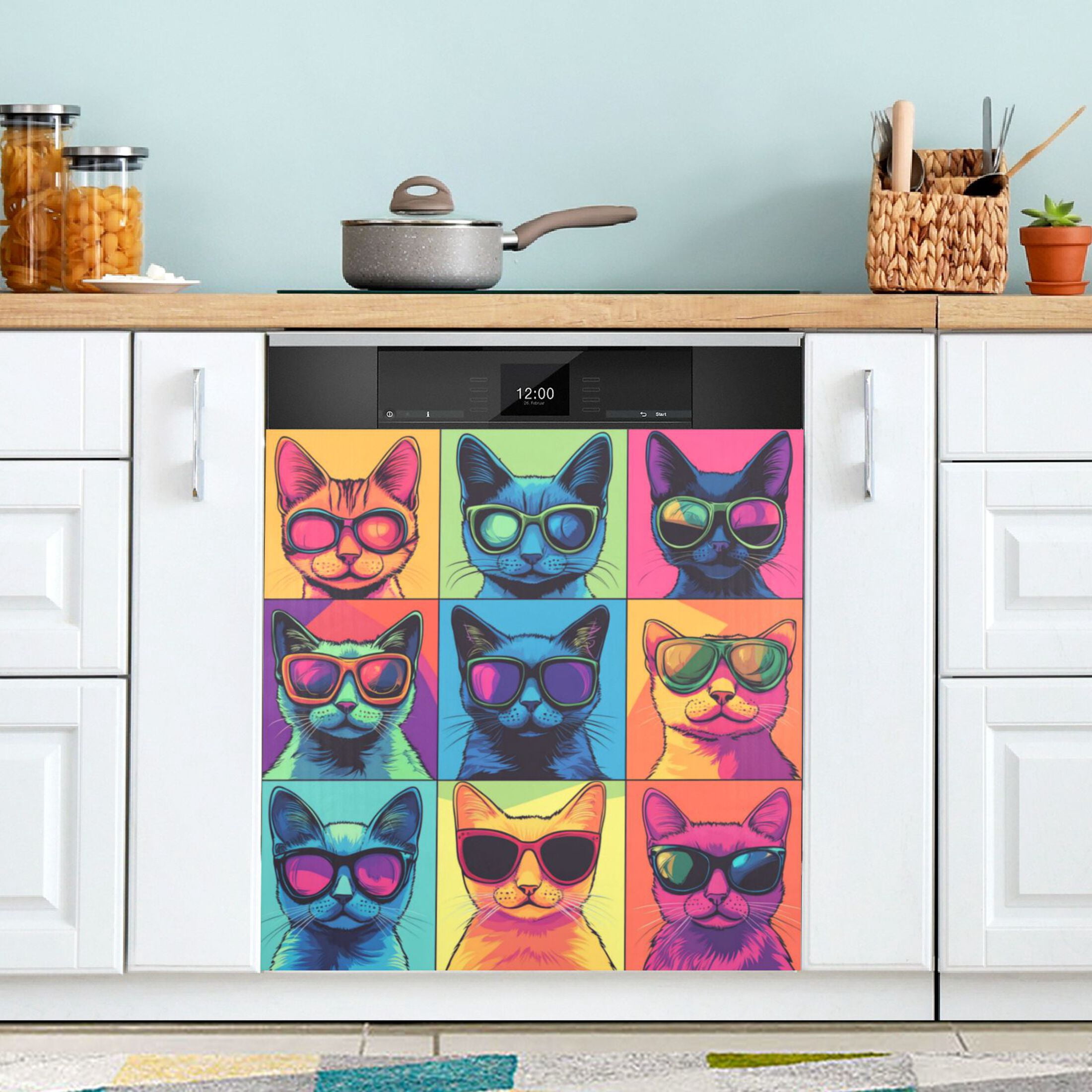 Dishwasher Magnetic Refrigerator Magnet Cover Sticker Home Decorative 23"x26" Colorful Cyberpunk Cats