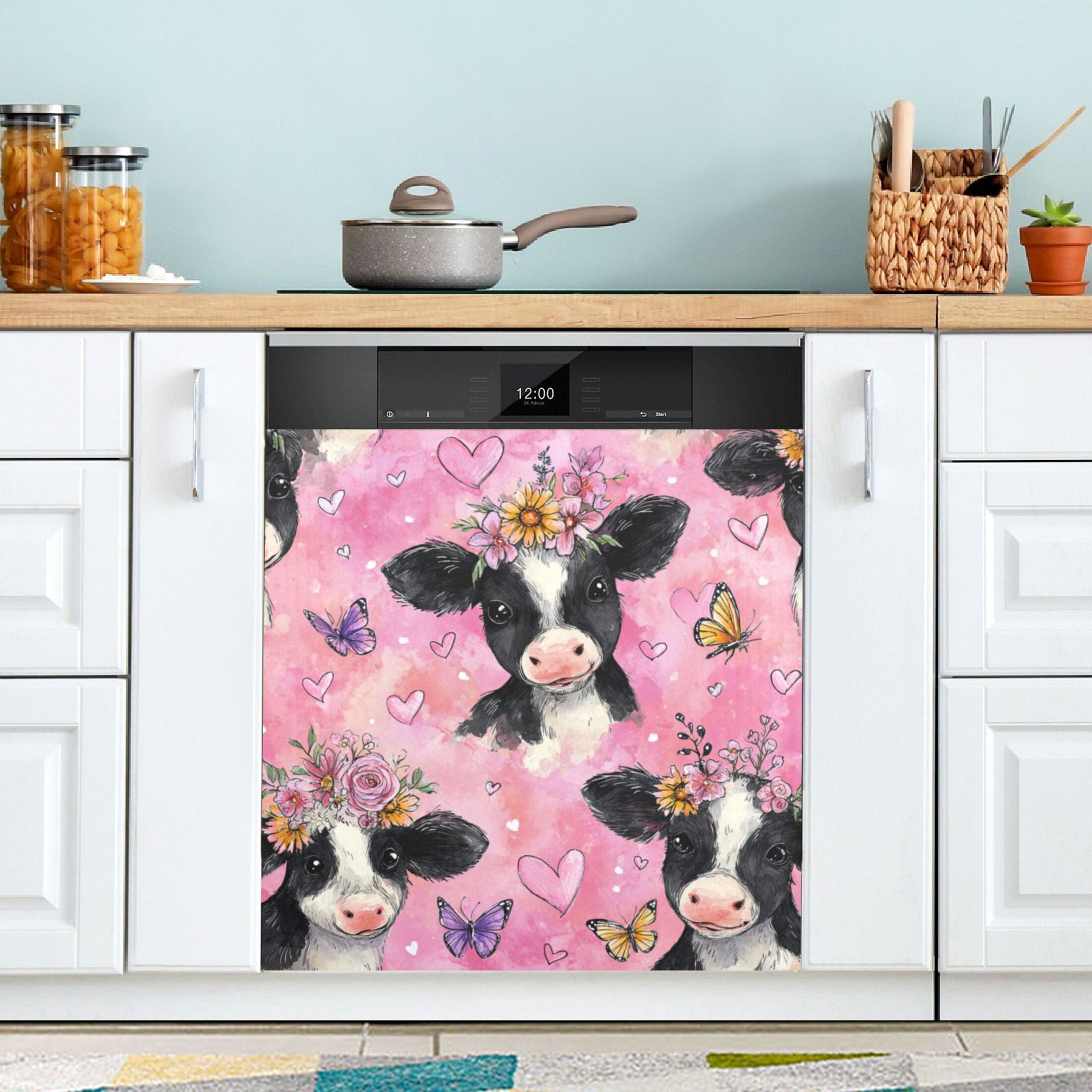 Dishwasher Magnetic Refrigerator Magnet Cover Sticker Home Decorative 23"x26" Cute Baby Cows with Flowers