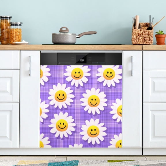 Dishwasher Magnetic Refrigerator Magnet Cover Sticker Home Decorative 23"x26" Cute Smiling Daisies on Purple