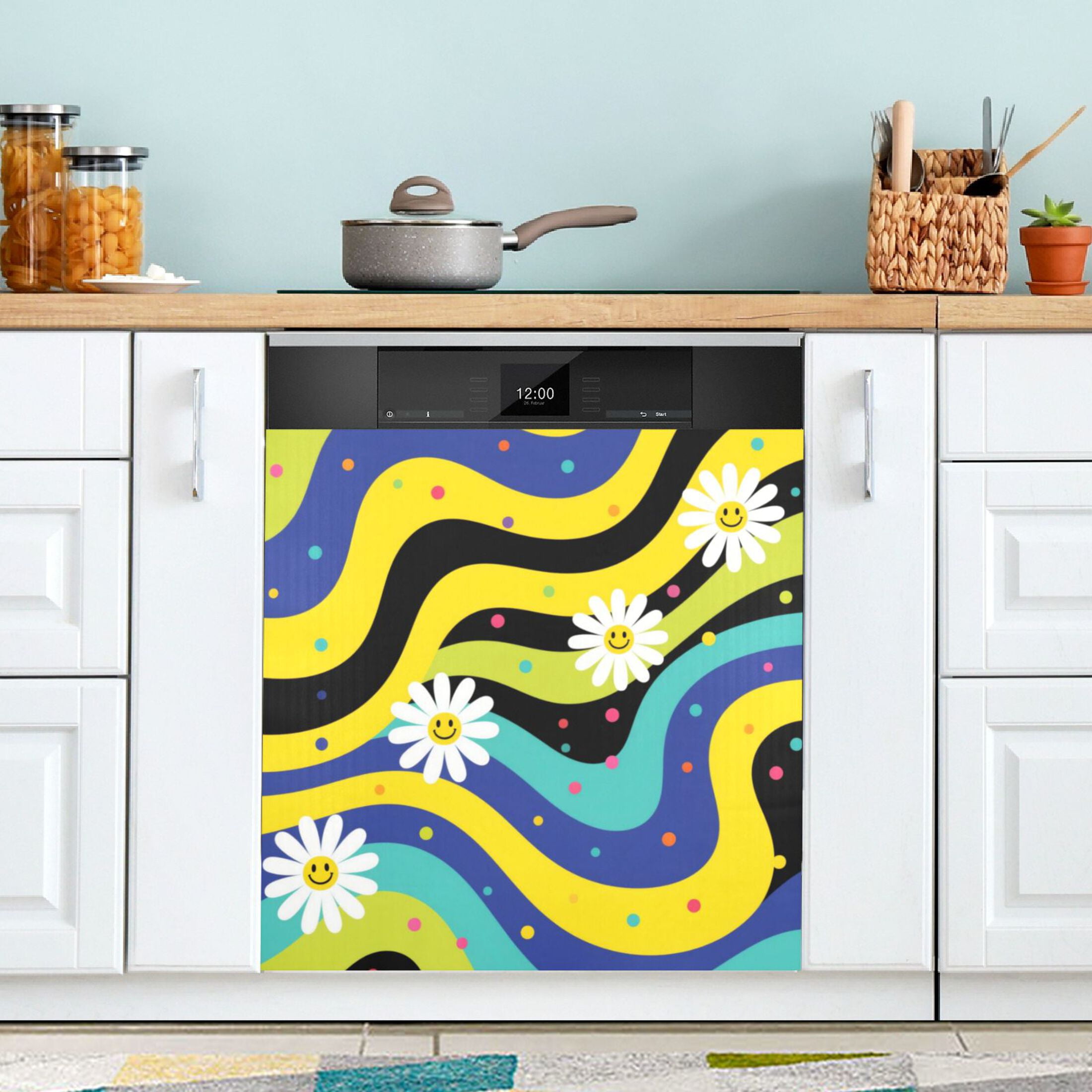 Dishwasher Magnetic Refrigerator Magnet Cover Sticker Home Decorative 23"x26" Daisies on Yellow-blue Background