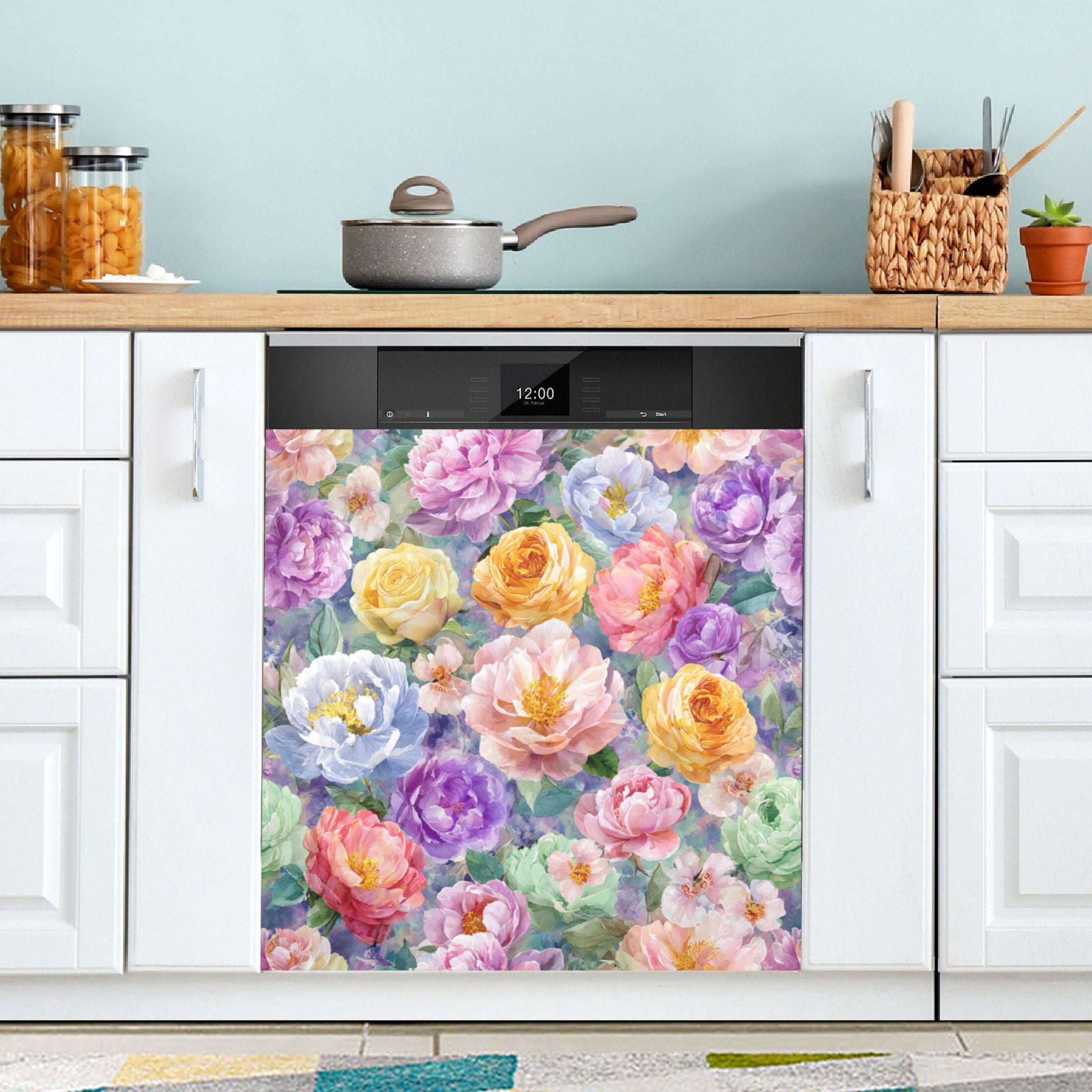 Dishwasher Magnetic Refrigerator Magnet Cover Sticker Home Decorative 23"x26" Detailed Roses and Peonies
