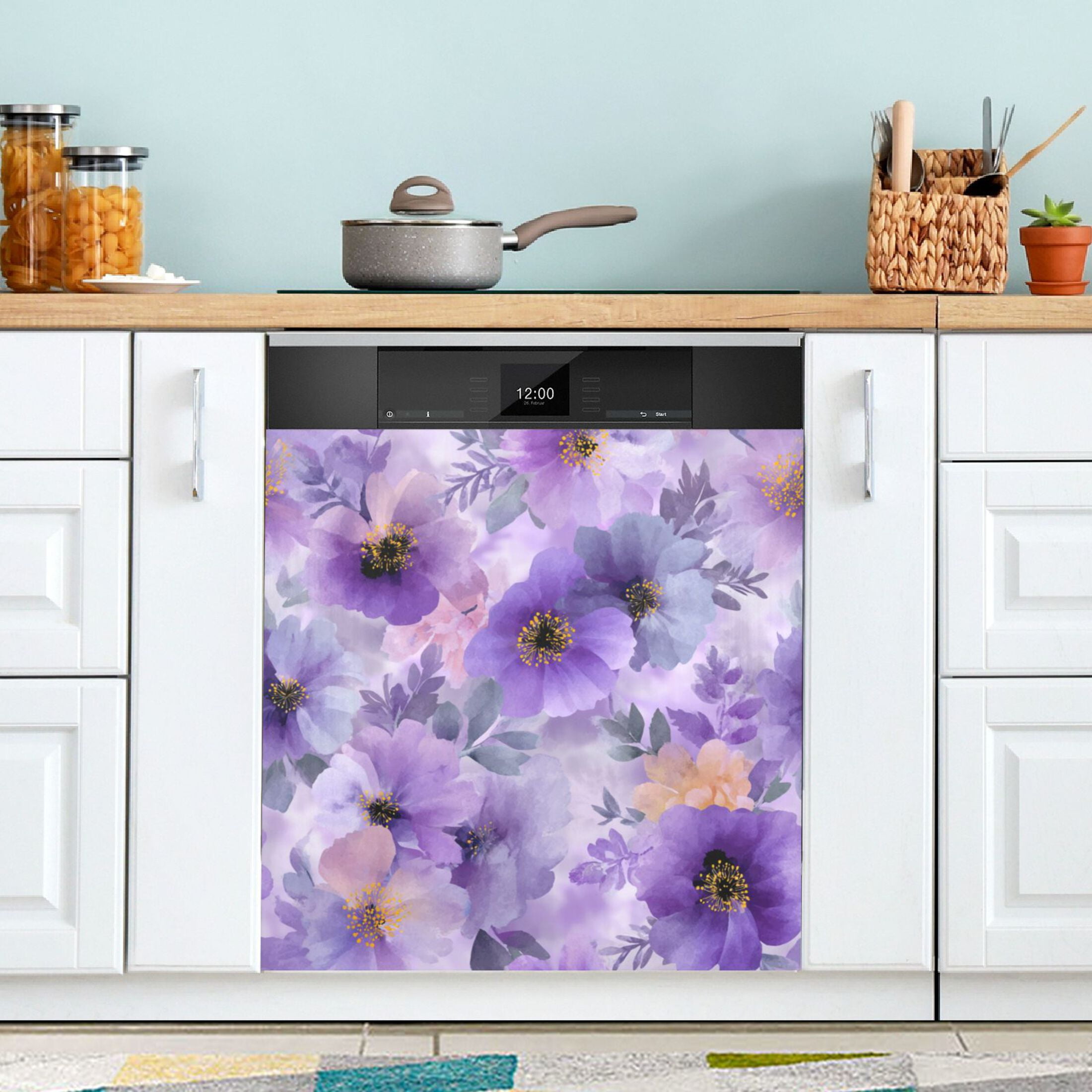 Dishwasher Magnetic Refrigerator Magnet Cover Sticker Home Decorative 23"x26" Dreamy Purple Watercolor Floral