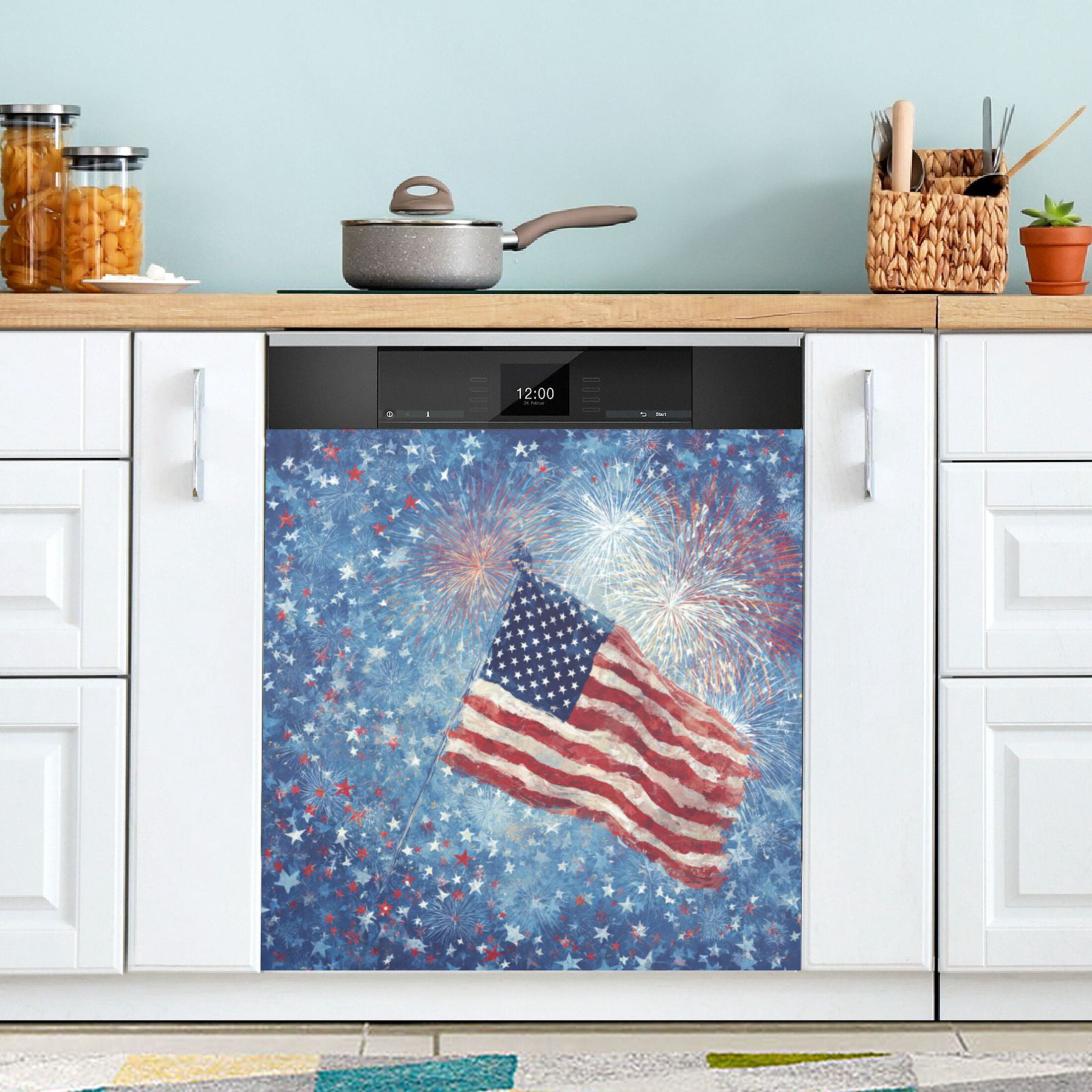 Dishwasher Magnetic Refrigerator Magnet Cover Sticker Home Decorative 23"x26" Fireworks and Flag