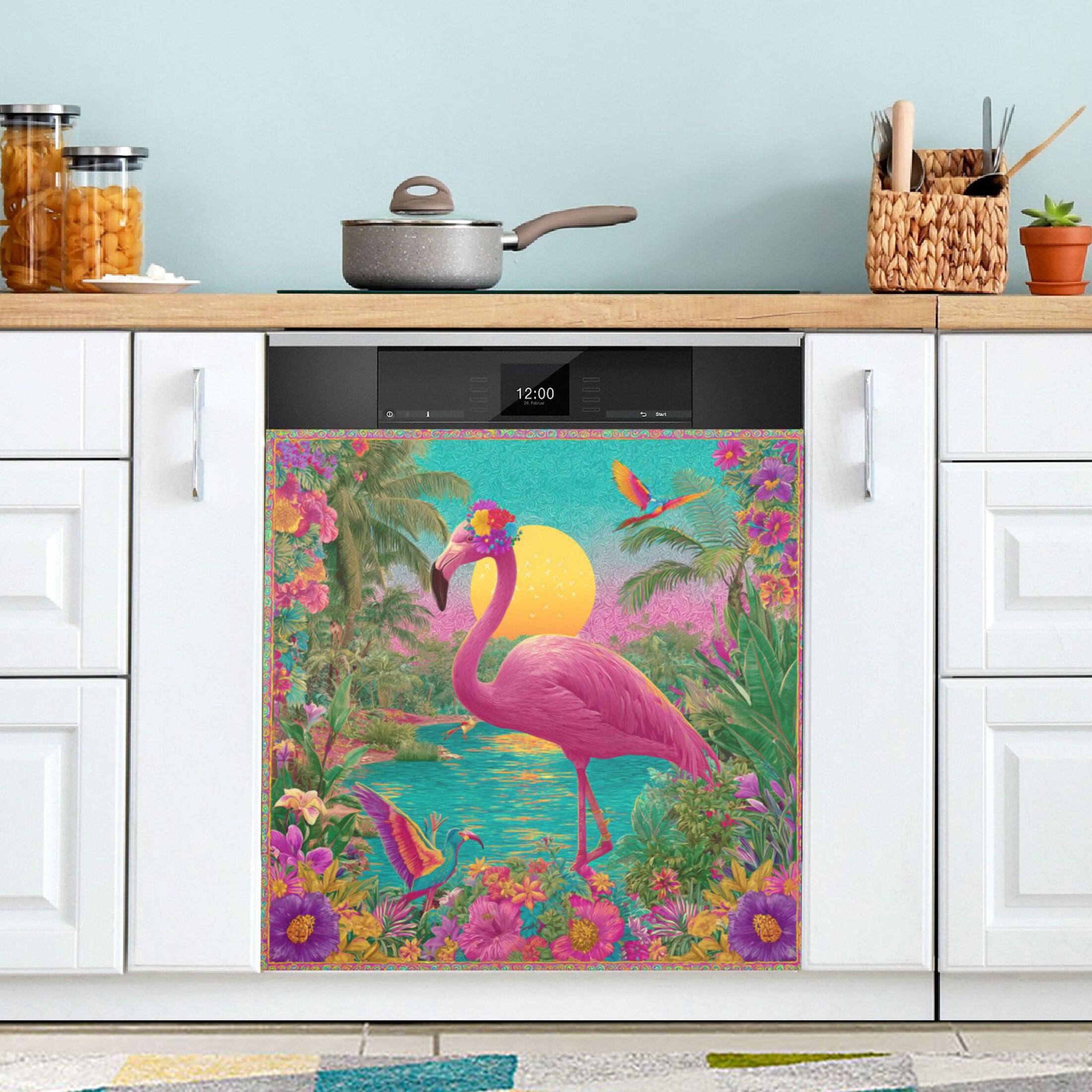 Dishwasher Magnetic Refrigerator Magnet Cover Sticker Home Decorative 23"x26" Flamingo Resort Style