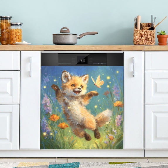 Dishwasher Magnetic Refrigerator Magnet Cover Sticker Home Decorative 23"x26" Fox and Butterfly