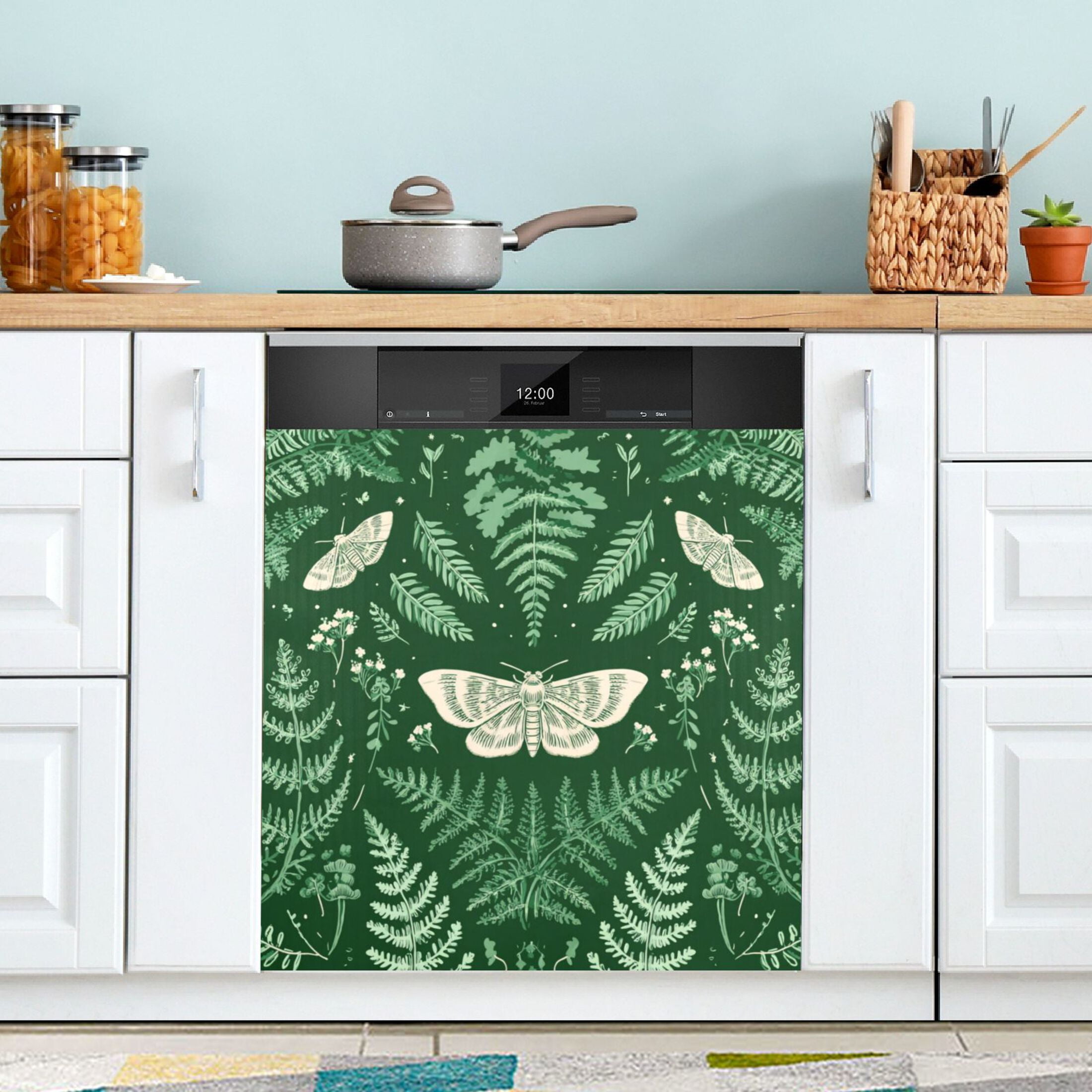 Dishwasher Magnetic Refrigerator Magnet Cover Sticker Home Decorative 23"x26" Green Ferns and Moths