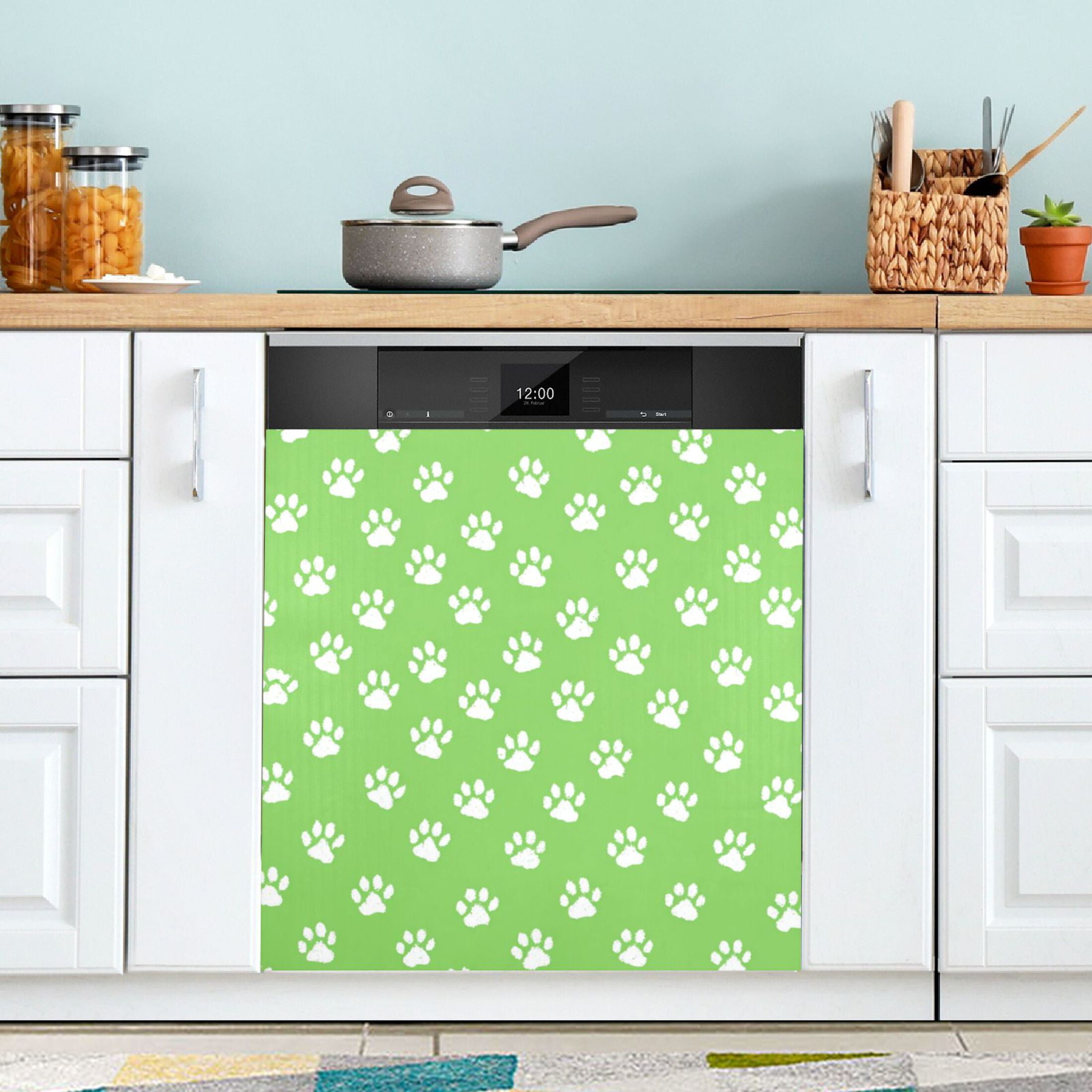 Dishwasher Magnetic Refrigerator Magnet Cover Sticker Home Decorative 23"x26" Green Paw Print Pattern
