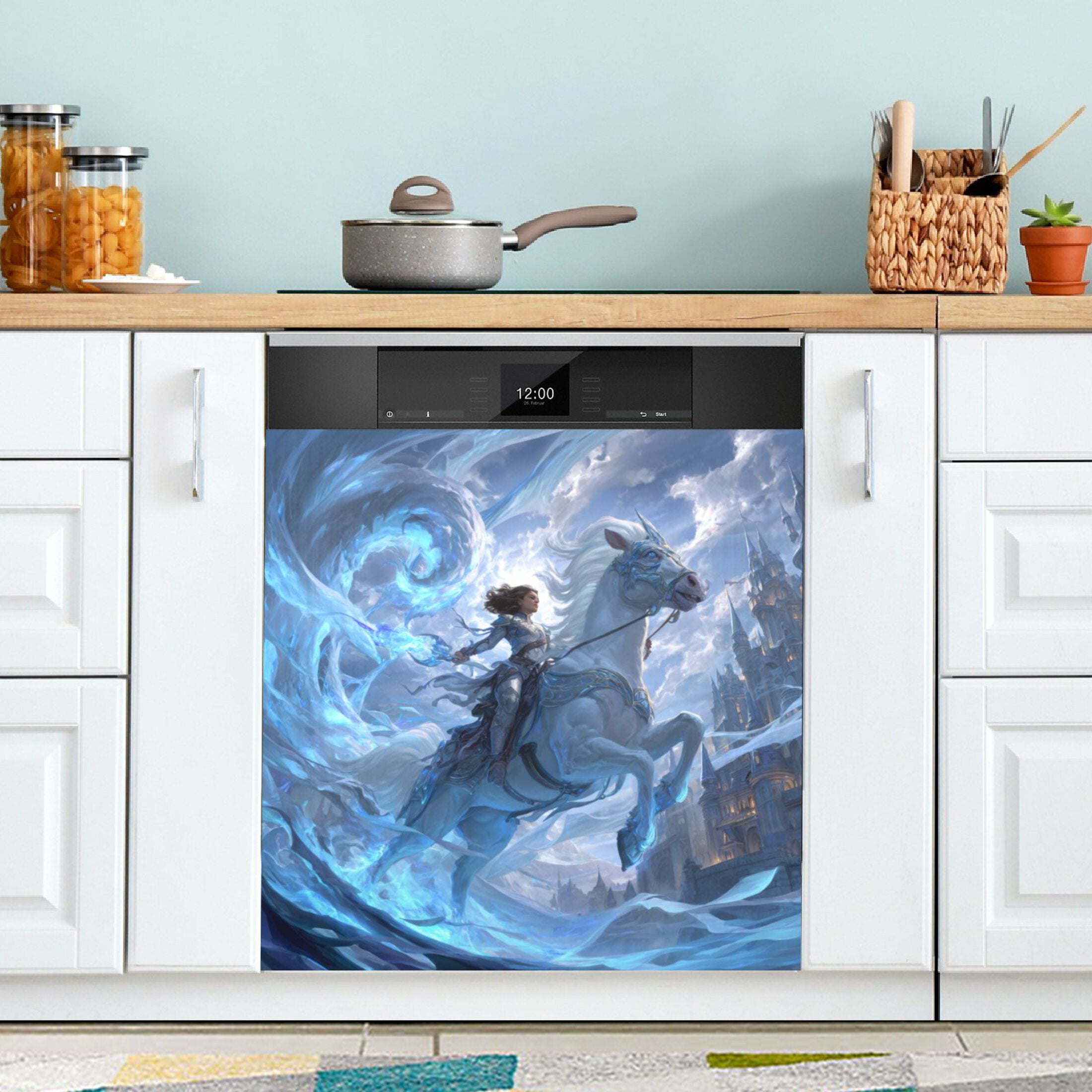 Dishwasher Magnetic Refrigerator Magnet Cover Sticker Home Decorative 23"x26" Handsome White Horse and Warrior