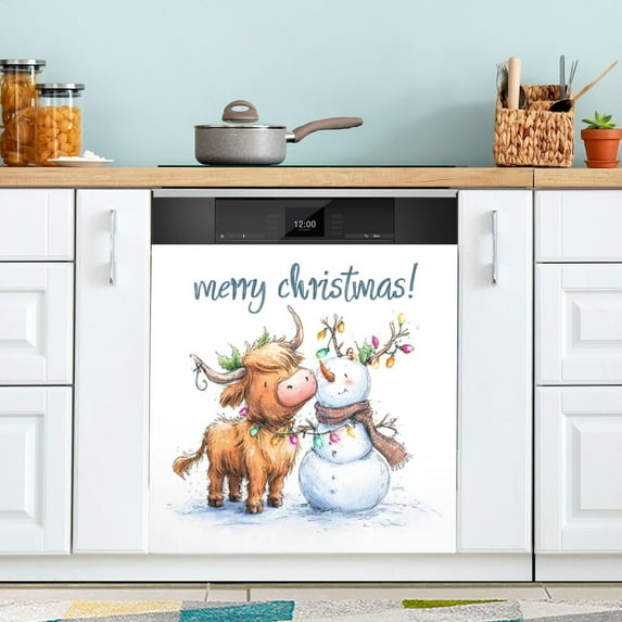 Dishwasher Magnetic Refrigerator Magnet Cover Sticker Home Decorative 23"x26" Highland Cow and Snowman