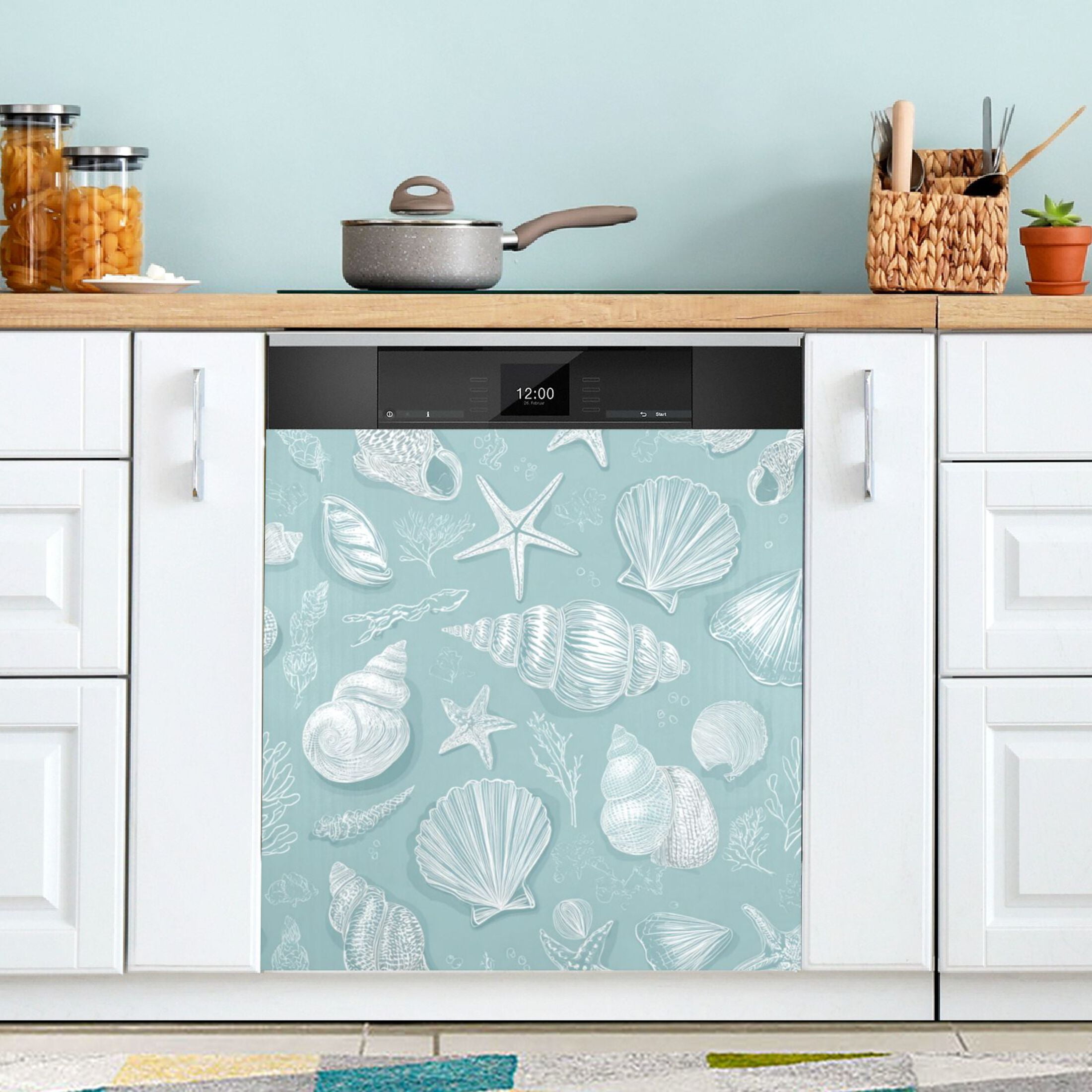 Dishwasher Magnetic Refrigerator Magnet Cover Sticker Home Decorative 23"x26" Light Blue Seashells Pattern