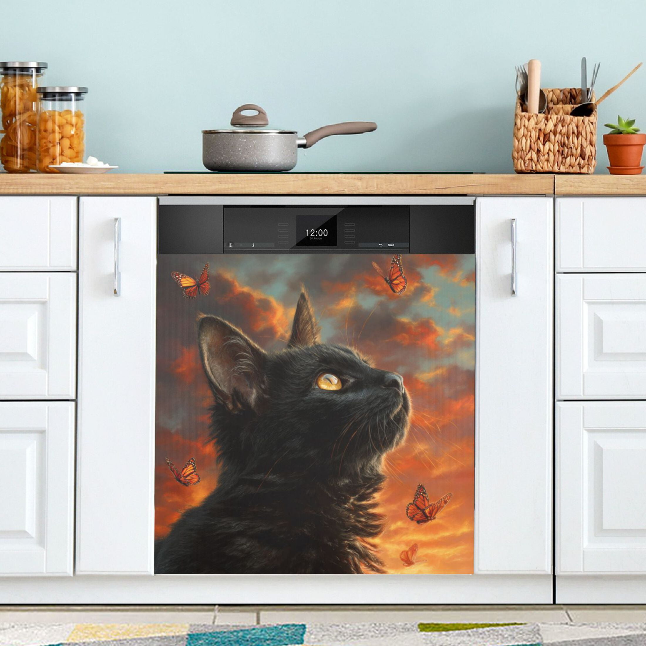Dishwasher Magnetic Refrigerator Magnet Cover Sticker Home Decorative 23"x26" Lonely Cat and Orange Butterfly