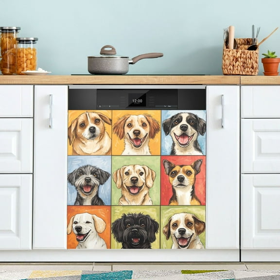 Dishwasher Magnetic Refrigerator Magnet Cover Sticker Home Decorative 23"x26" Nine-square Grid Dogs