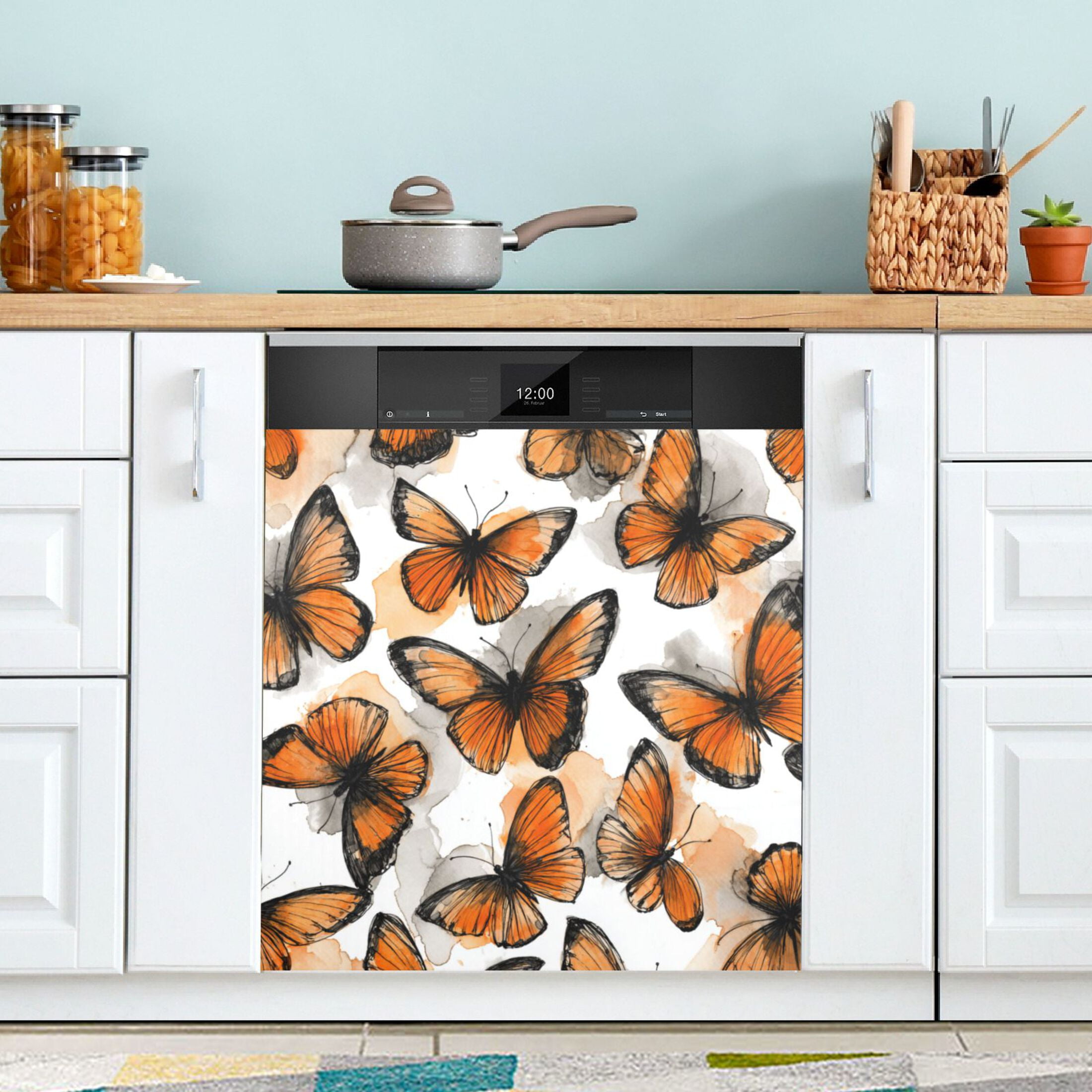 Dishwasher Magnetic Refrigerator Magnet Cover Sticker Home Decorative 23"x26" Orange Sketch Butterfly Pattern