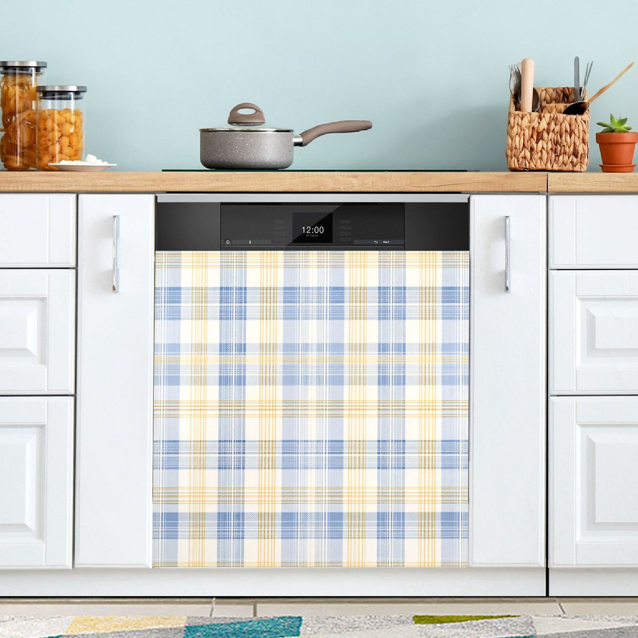 Dishwasher Magnetic Refrigerator Magnet Cover Sticker Home Decorative 23"x26" Pale Blue-and-yellow Tartan