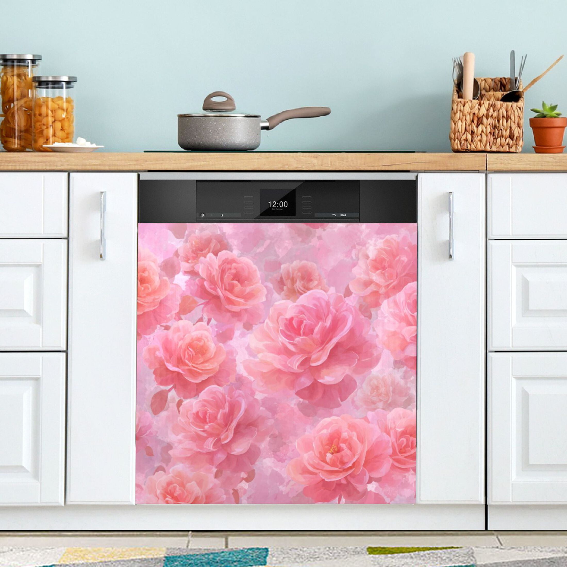 Dishwasher Magnetic Refrigerator Magnet Cover Sticker Home Decorative 23"x26" Pale Pink Roses Pattern