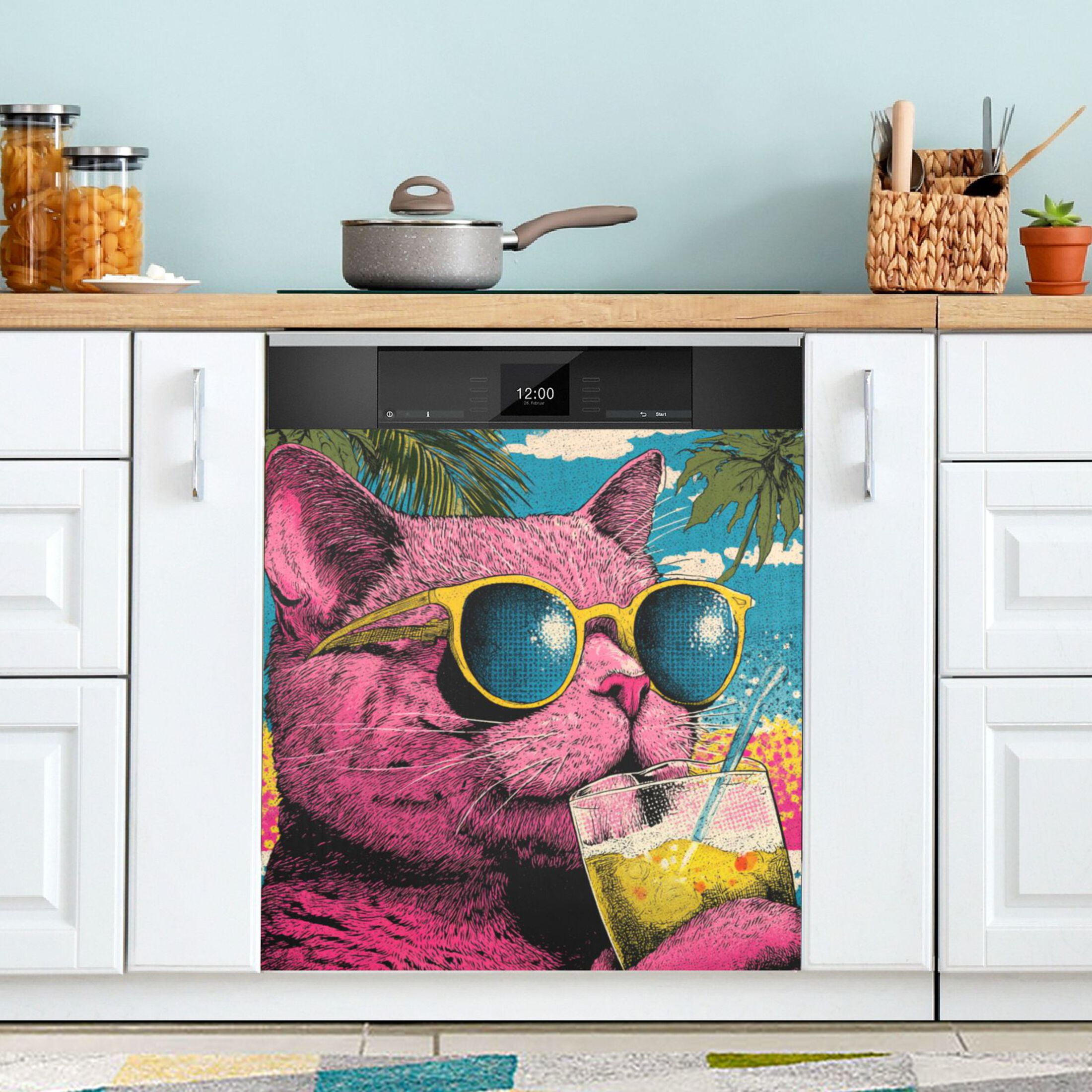 Dishwasher Magnetic Refrigerator Magnet Cover Sticker Home Decorative 23"x26" Pink Cat Wearing Sunglasses