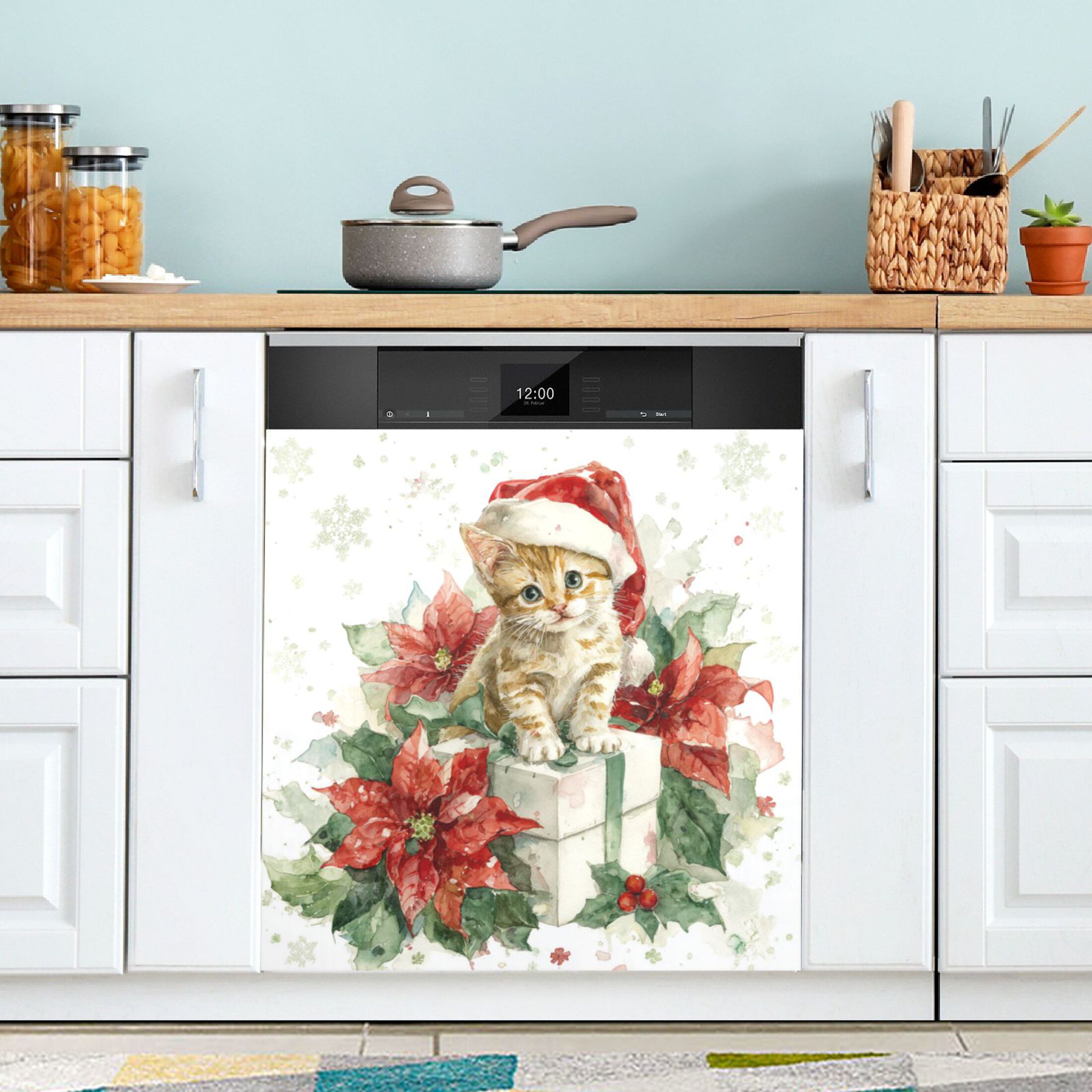 Dishwasher Magnetic Refrigerator Magnet Cover Sticker Home Decorative 23"x26" Poinsettia Flowers and Christmas Kitten