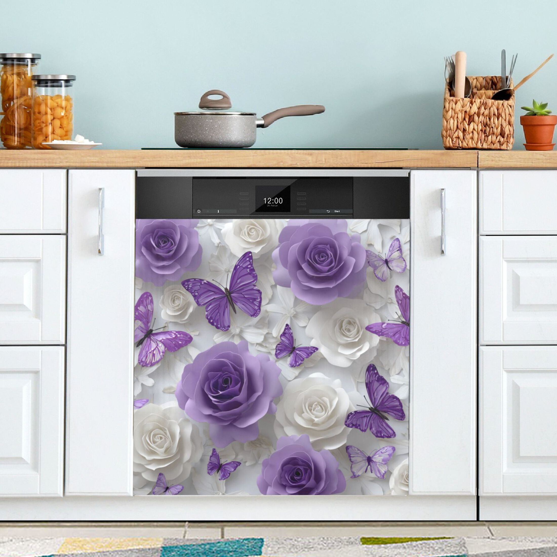 Dishwasher Magnetic Refrigerator Magnet Cover Sticker Home Decorative 23"x26" Purple Butterflies and White Roses