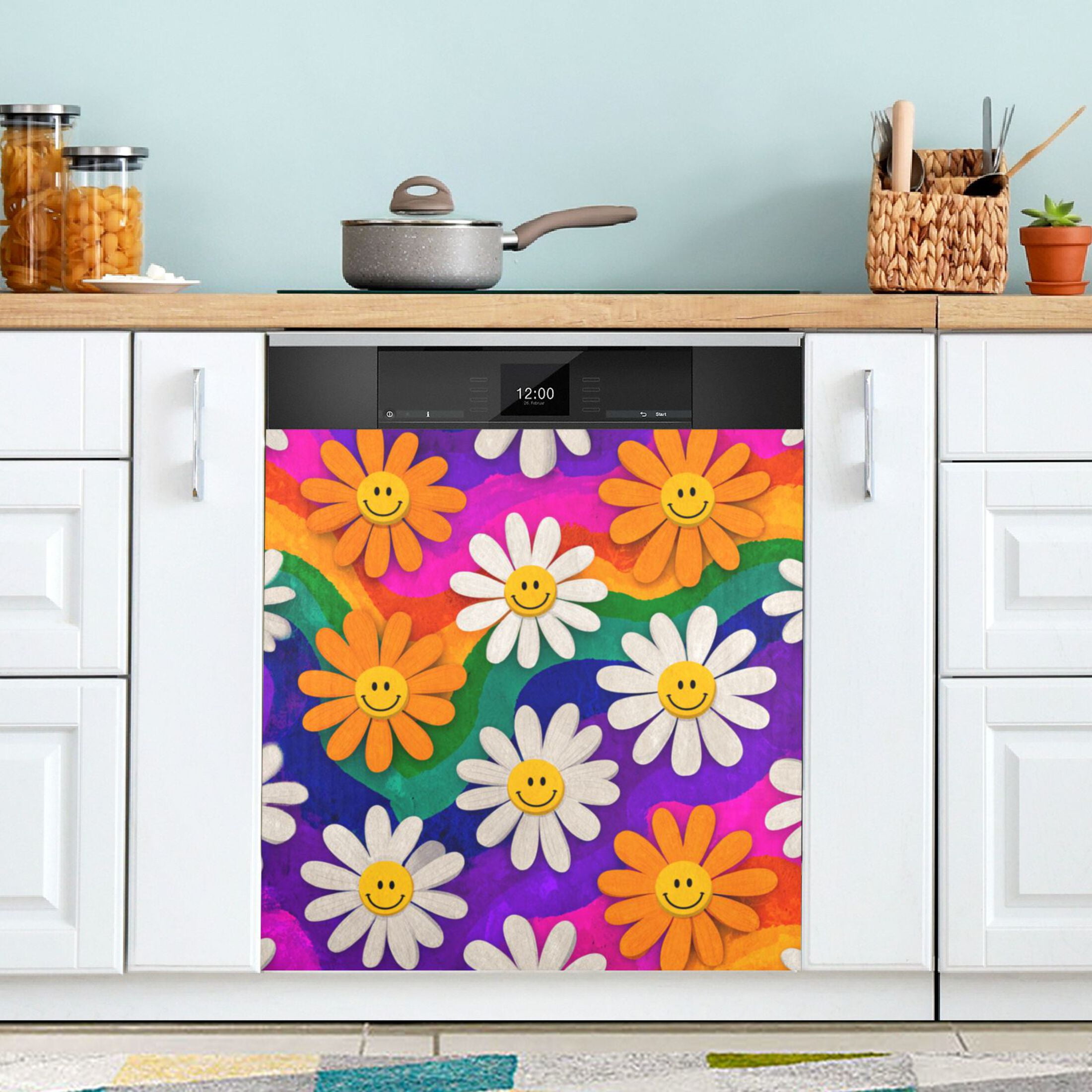 Dishwasher Magnetic Refrigerator Magnet Cover Sticker Home Decorative 23"x26" Rainbow Daisy Flowers