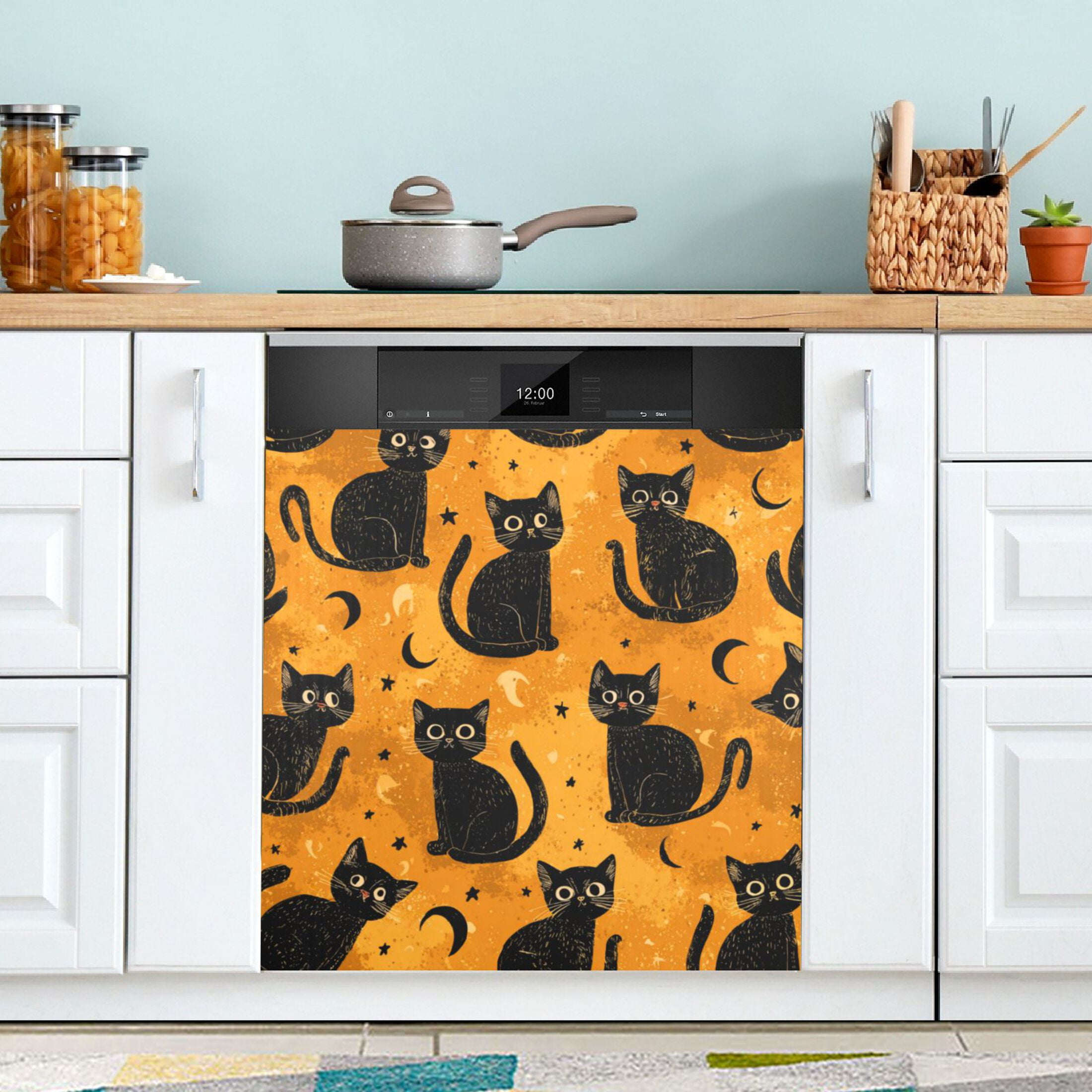 Dishwasher Magnetic Refrigerator Magnet Cover Sticker Home Decorative 23"x26" Repeating Mysterious Black Cat Pattern