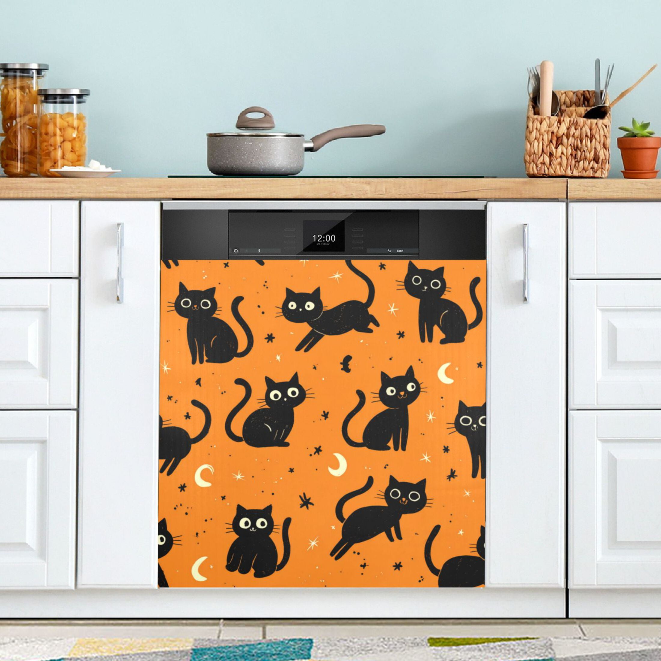 Dishwasher Magnetic Refrigerator Magnet Cover Sticker Home Decorative 23"x26" Repetitive Play Black Cat Pattern