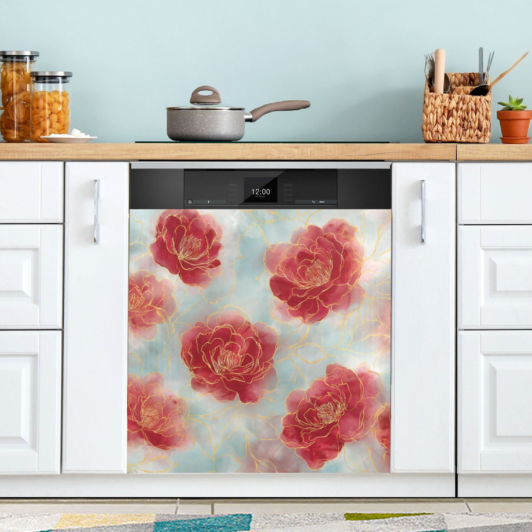 Dishwasher Magnetic Refrigerator Magnet Cover Sticker Home Decorative 23"x26" Rose Petals with Gold Outline