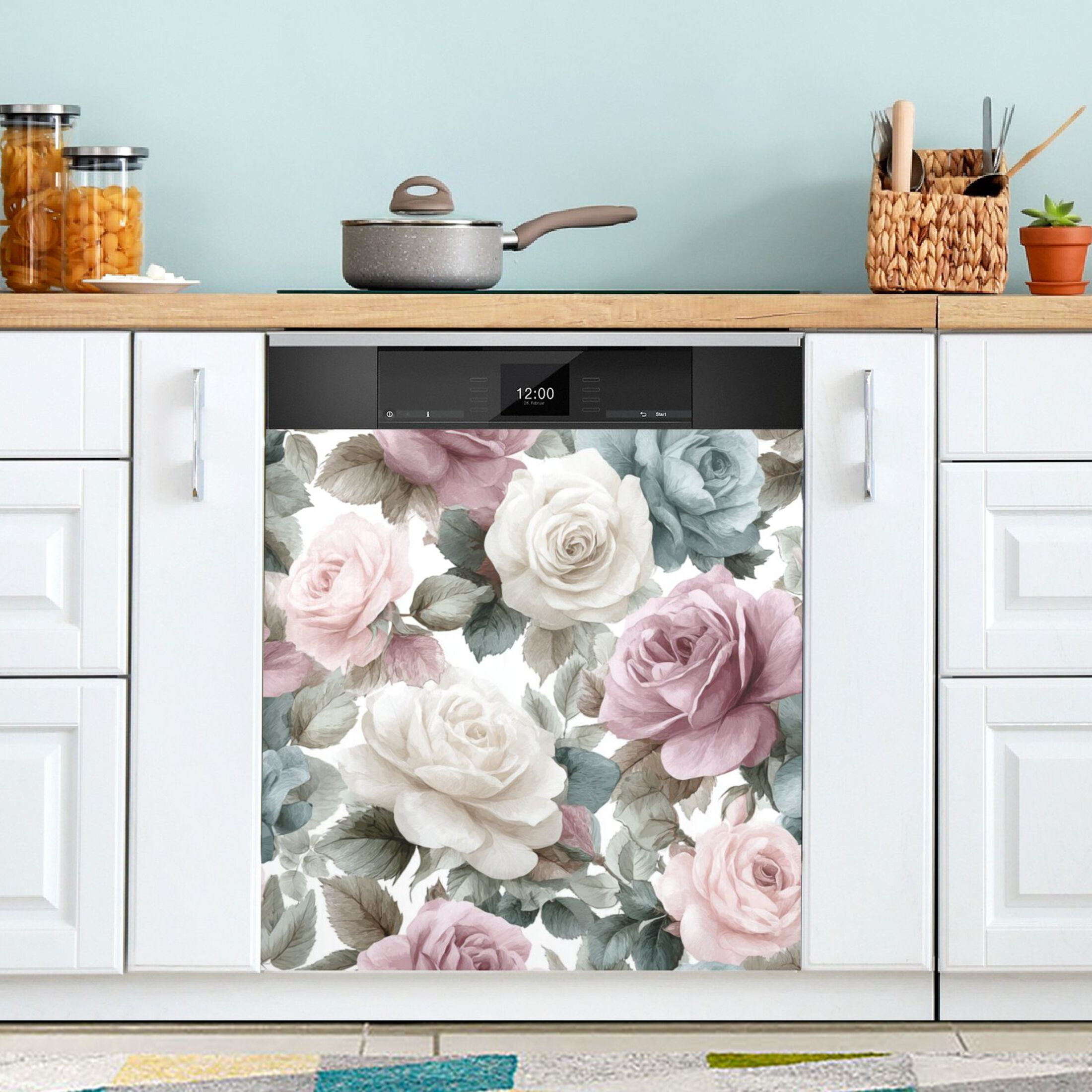 Dishwasher Magnetic Refrigerator Magnet Cover Sticker Home Decorative 23"x26" Roses on A Gray Background
