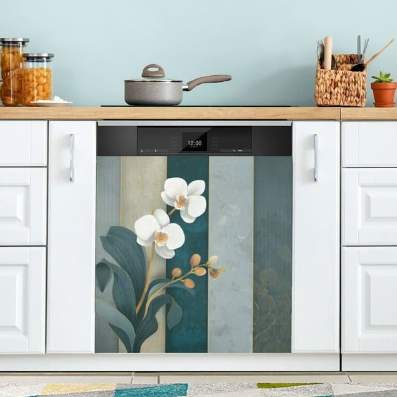 Dishwasher Magnetic Refrigerator Magnet Cover Sticker Home Decorative 23"x26" Scroll White Orchid