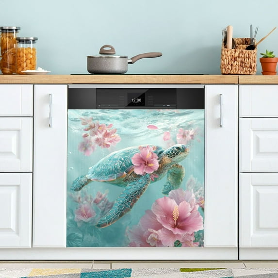 Dishwasher Magnetic Refrigerator Magnet Cover Sticker Home Decorative 23"x26" Sea Turtle with Hibiscus Flowers