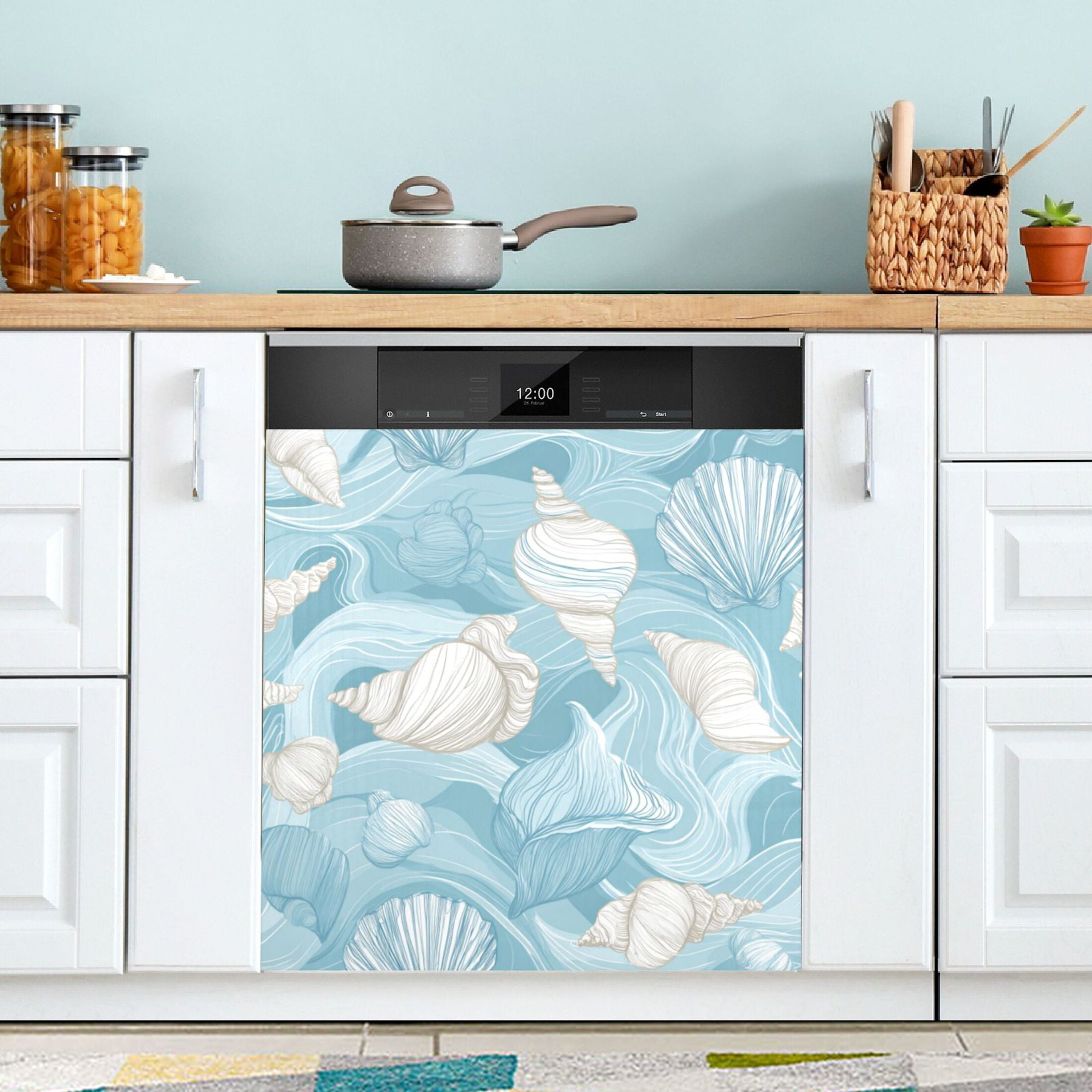 Dishwasher Magnetic Refrigerator Magnet Cover Sticker Home Decorative 23"x26" Seashells and Sea Waves Pattern