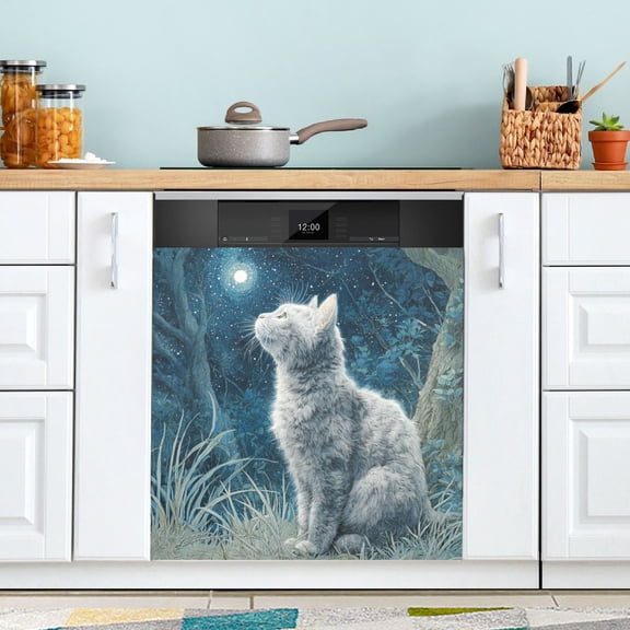 Dishwasher Magnetic Refrigerator Magnet Cover Sticker Home Decorative 23"x26" Silver Cat