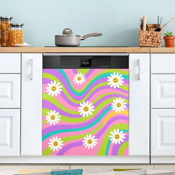 Dishwasher Magnetic Refrigerator Magnet Cover Sticker Home Decorative 23"x26" Smiling Daisy on Multicolor Background