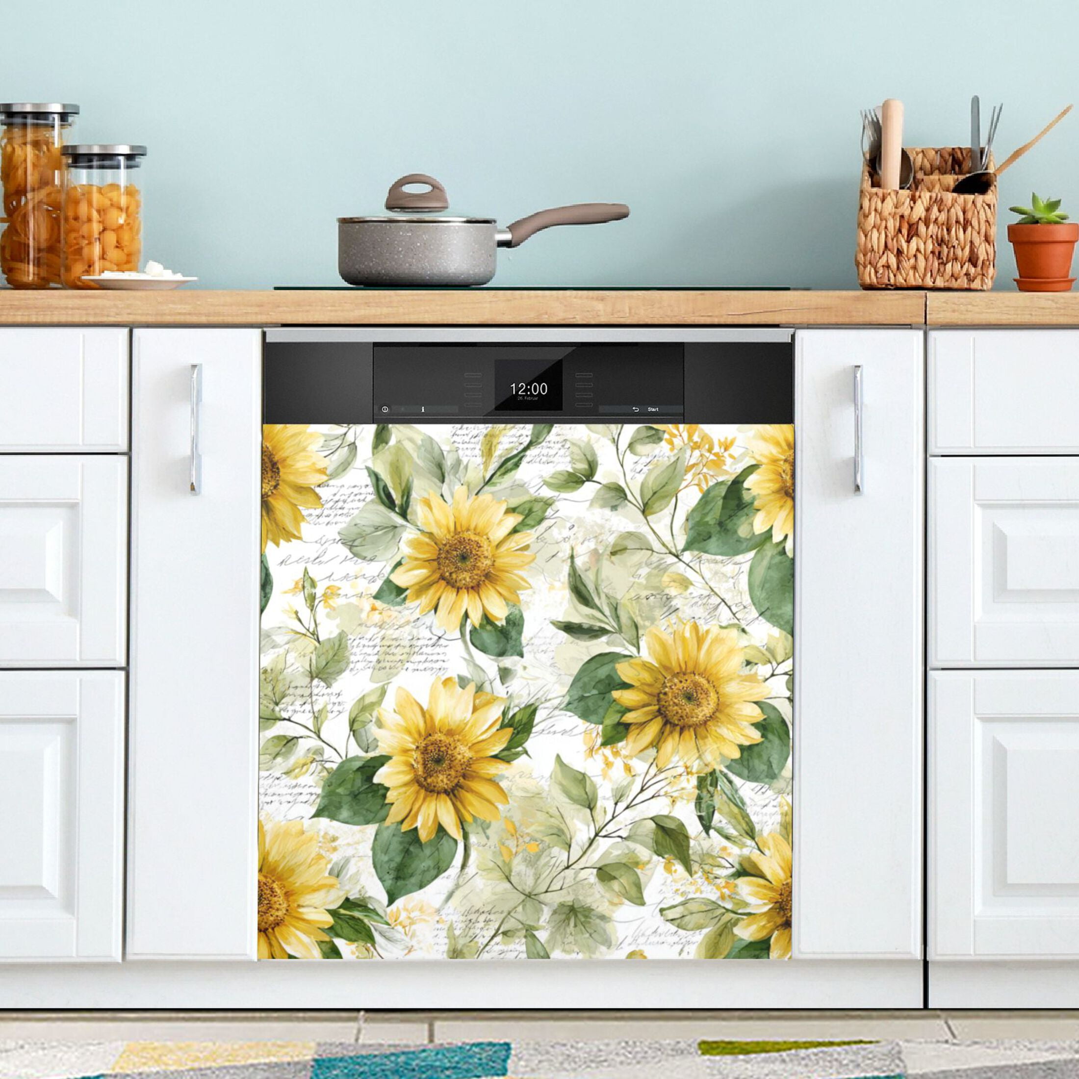 Dishwasher Magnetic Refrigerator Magnet Cover Sticker Home Decorative 23"x26" Soft Sunflowers and Green Leaves