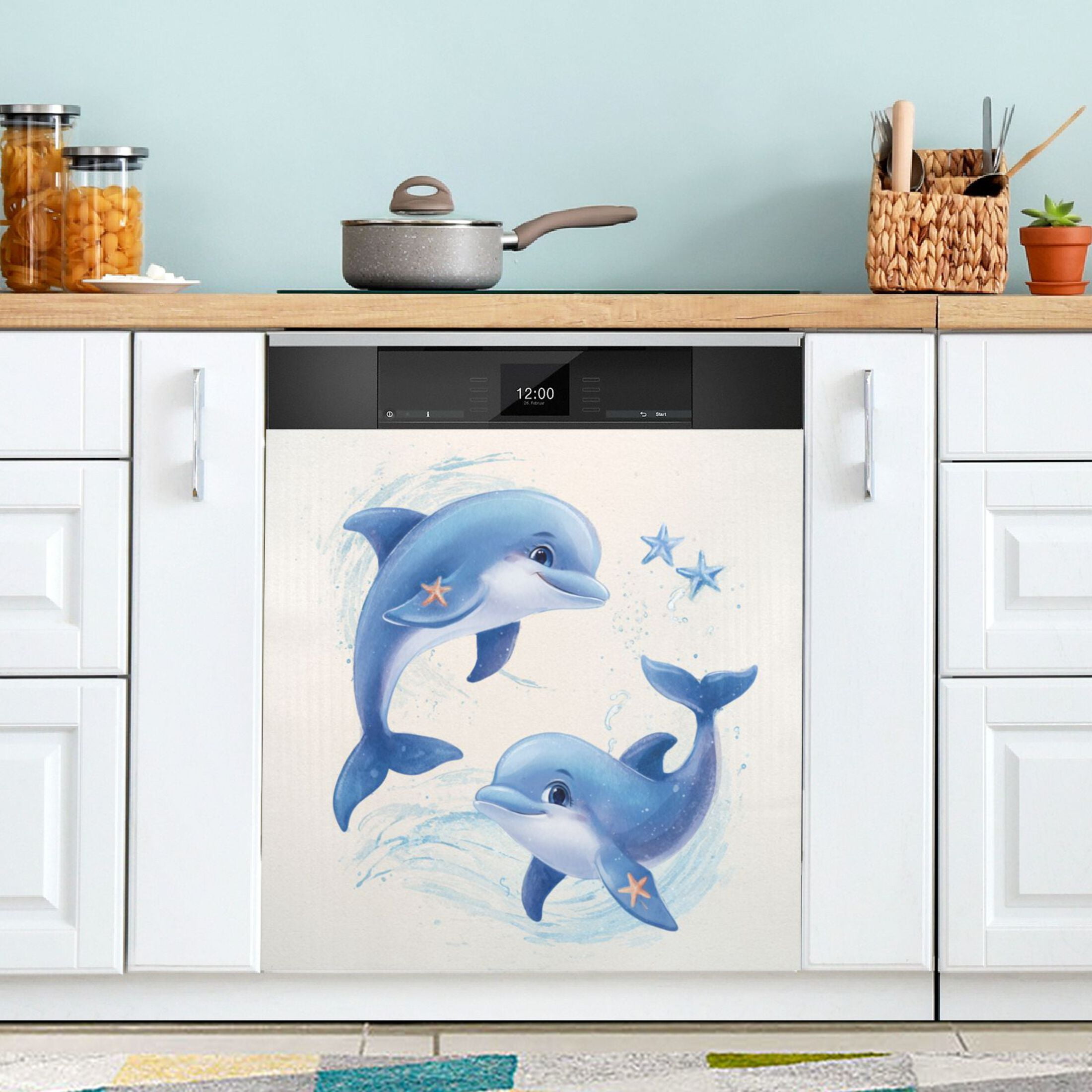 Dishwasher Magnetic Refrigerator Magnet Cover Sticker Home Decorative 23"x26" Two Cute Dolphins Pattern
