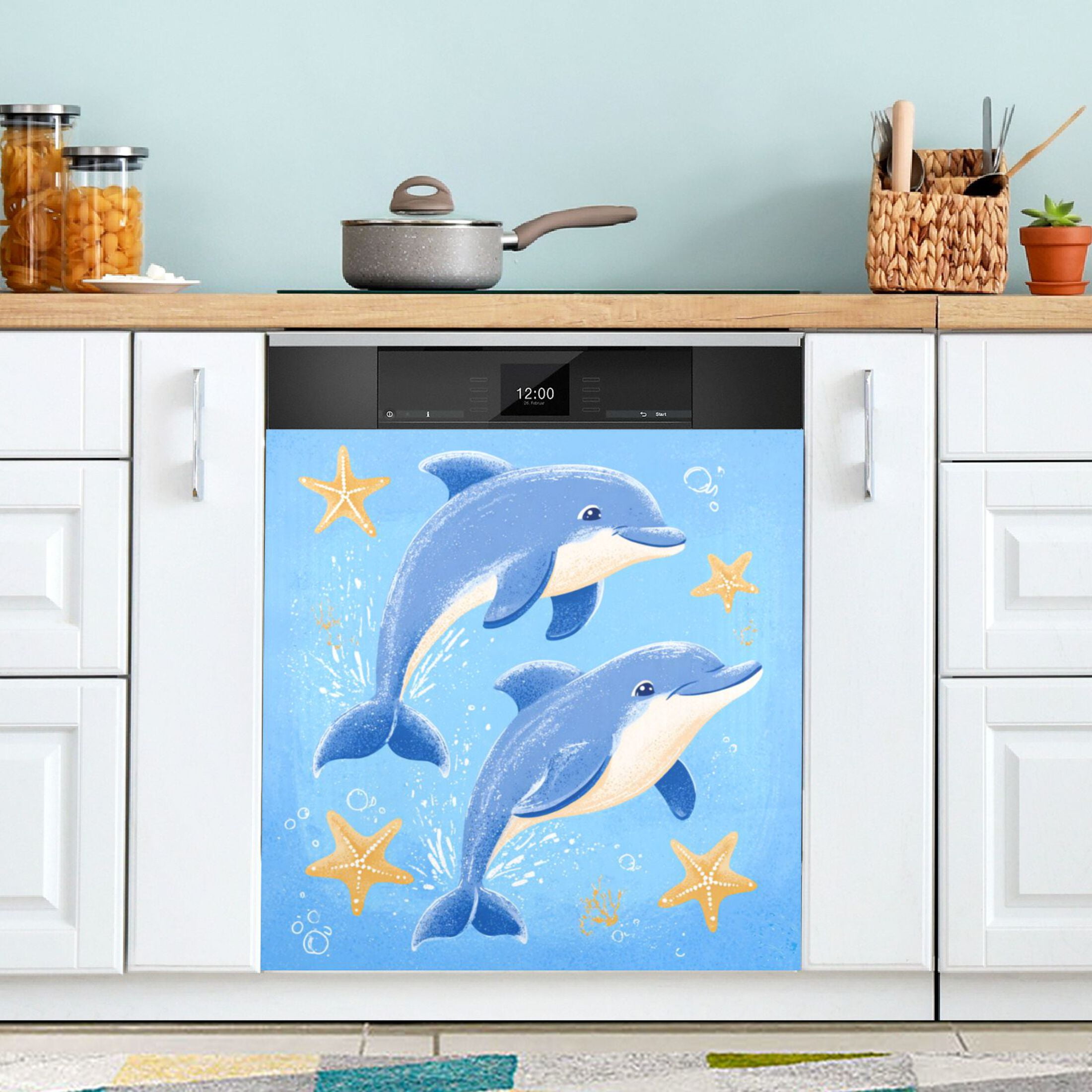 Dishwasher Magnetic Refrigerator Magnet Cover Sticker Home Decorative 23"x26" Two Dolphins Jumping Pattern
