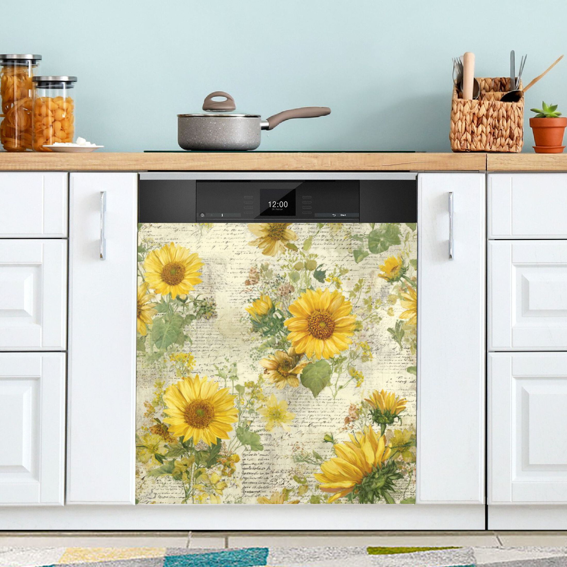 Dishwasher Magnetic Refrigerator Magnet Cover Sticker Home Decorative 23"x26" Vintage Faded Sunflowers