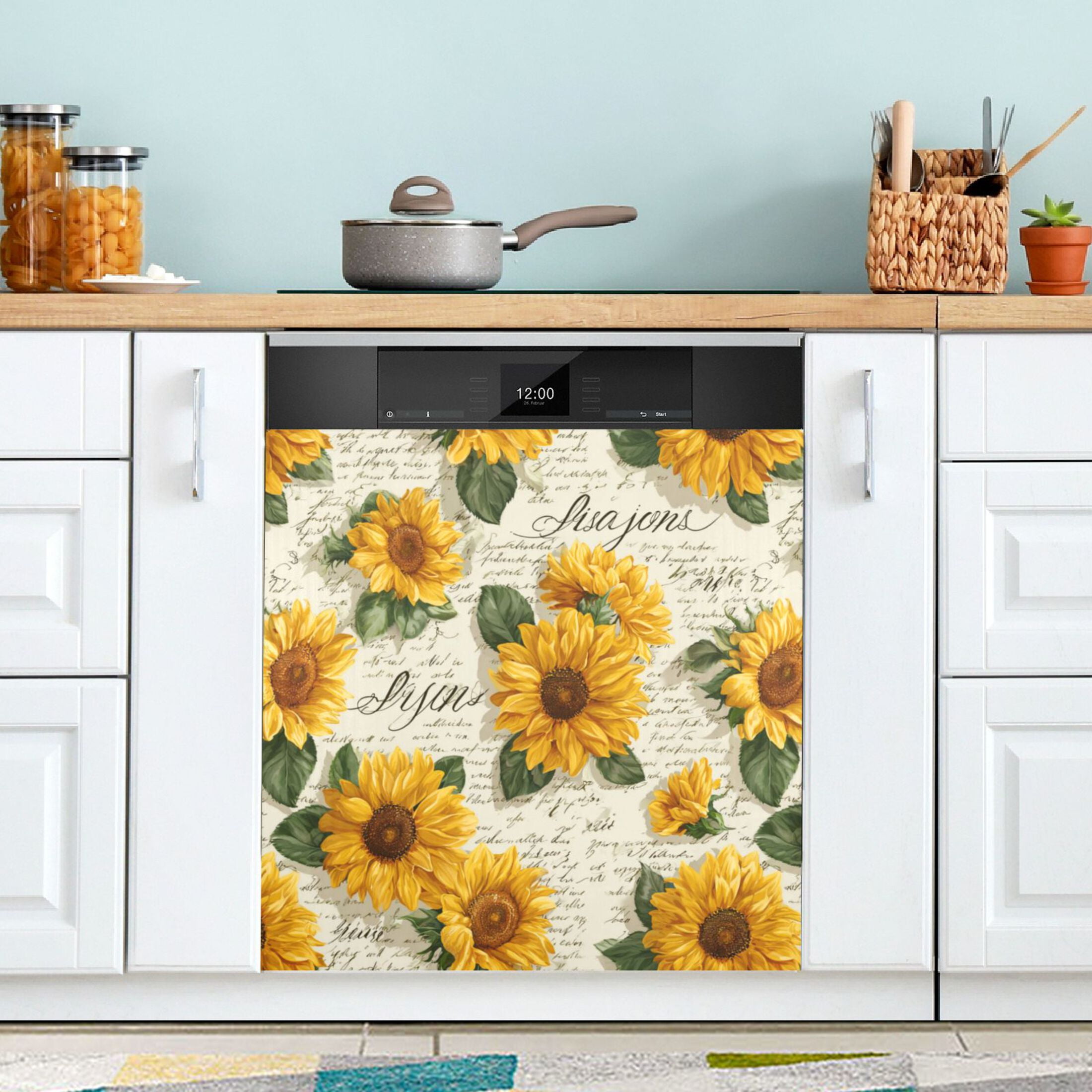 Dishwasher Magnetic Refrigerator Magnet Cover Sticker Home Decorative 23"x26" Vintage Paper with Sunflowers