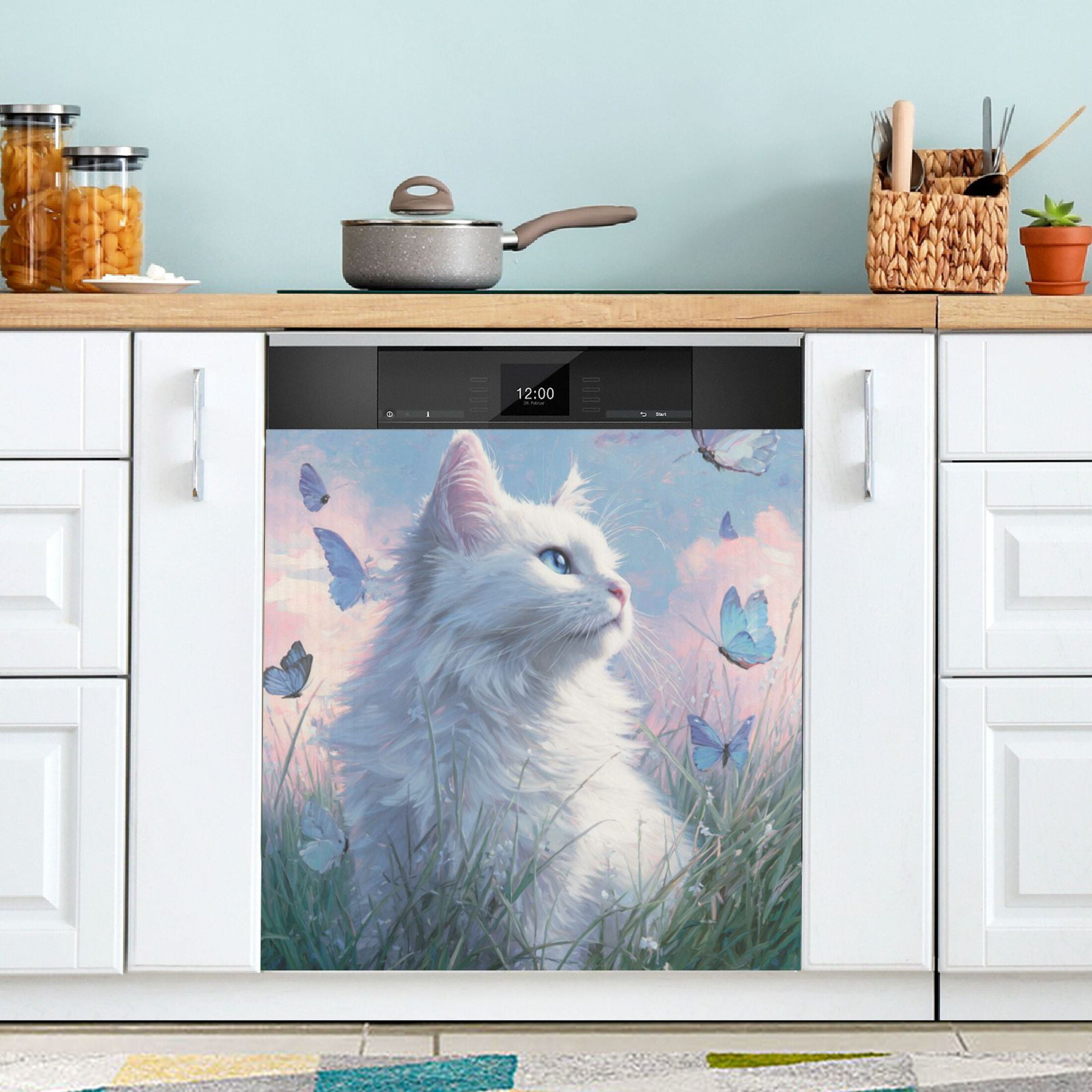 Dishwasher Magnetic Refrigerator Magnet Cover Sticker Home Decorative 23"x26" White Cat Butterflies