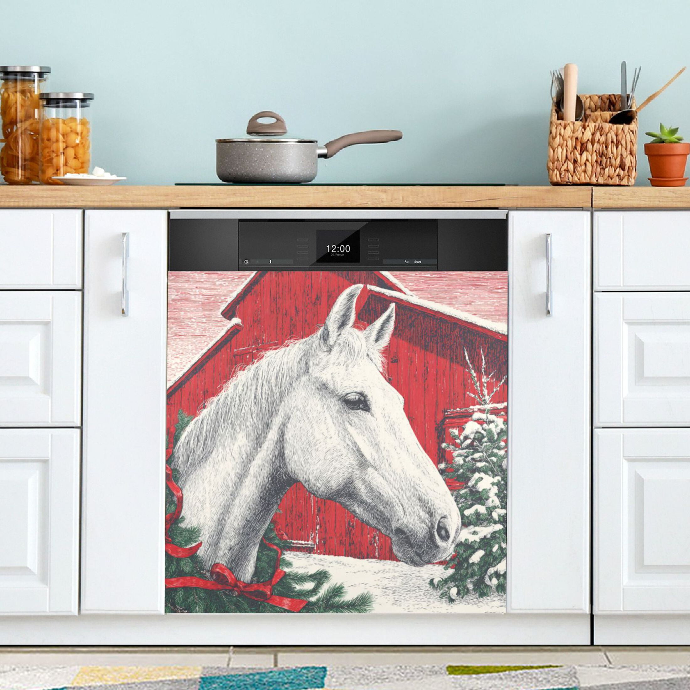 Dishwasher Magnetic Refrigerator Magnet Cover Sticker Home Decorative 23"x26" White Horse with Red Bow