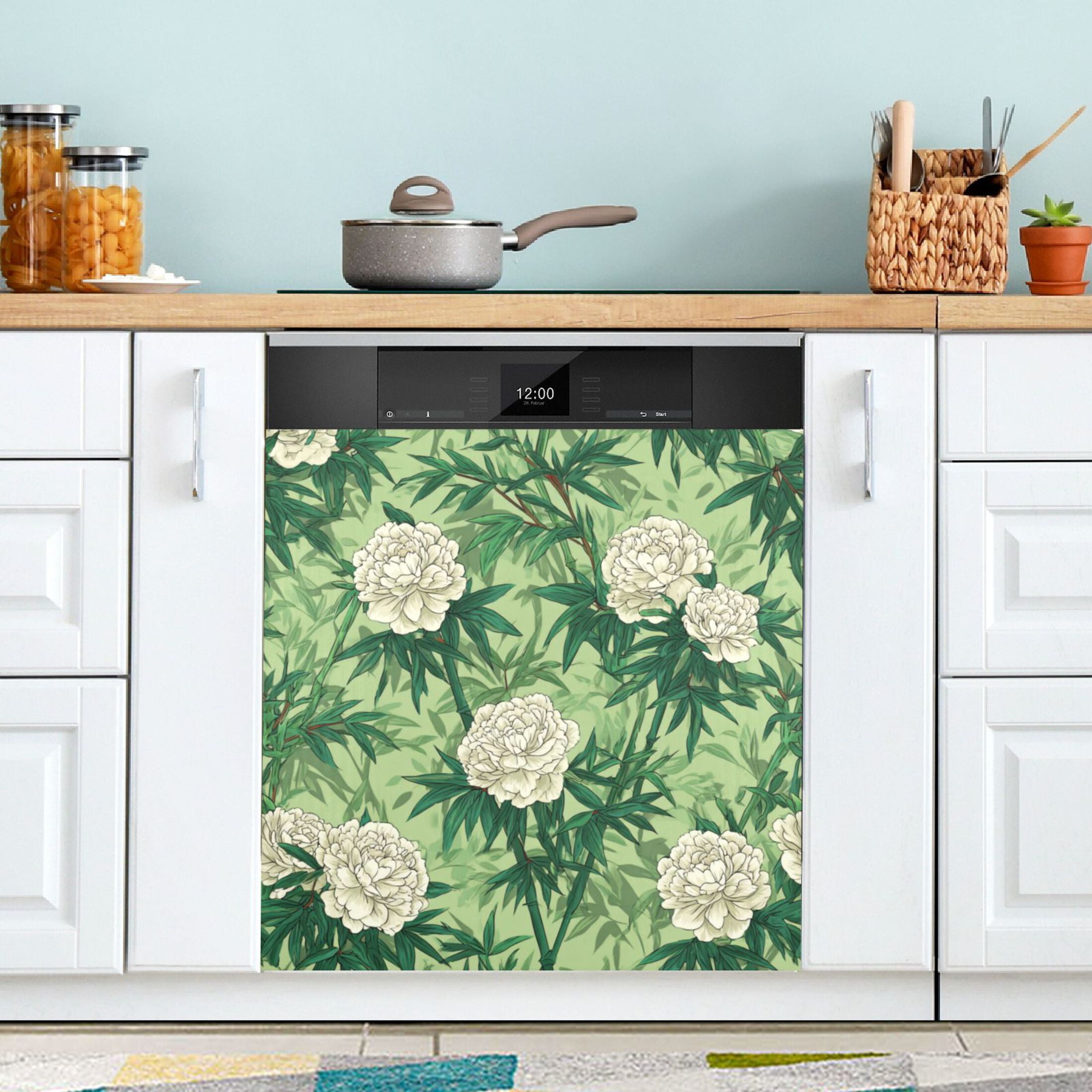 Dishwasher Magnetic Refrigerator Magnet Cover Sticker Home Decorative 23"x26" White Peony and Bamboo