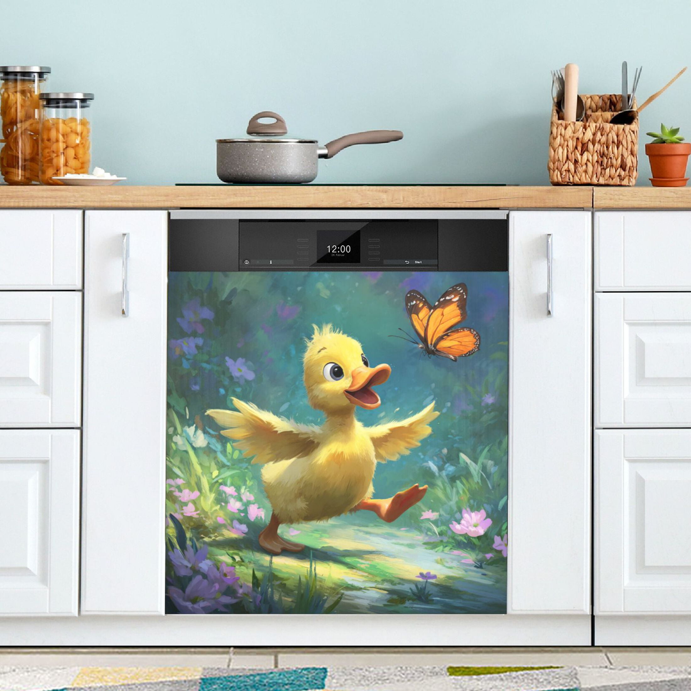 Dishwasher Magnetic Refrigerator Magnet Cover Sticker Home Decorative 23"x26" Yellow Duck and Butterfly