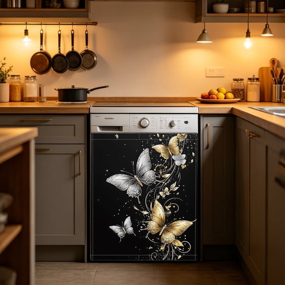 Dishwasher Magnets Decorative Cover,Gold Silver Butterfly Refrigerator Magnet Cover,Washable Modern Dishwasher Front Panel Cover Home Kitchen Decoration 23x26 Inch