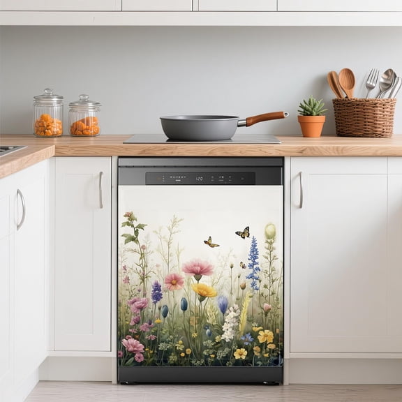 Xiyadun Dishwasher Front Panel Cover Wildflowers Refrigerator Magnet Decorative Washable Spring Garden Floral Butterfly 23x26 Inch