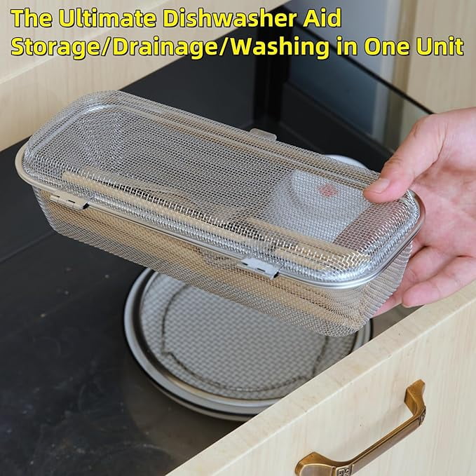 Dishwasher Organizer Basket for Small Parts, Stainless Steel Silverware Holder to Prevent Loss of Utensils & Lids