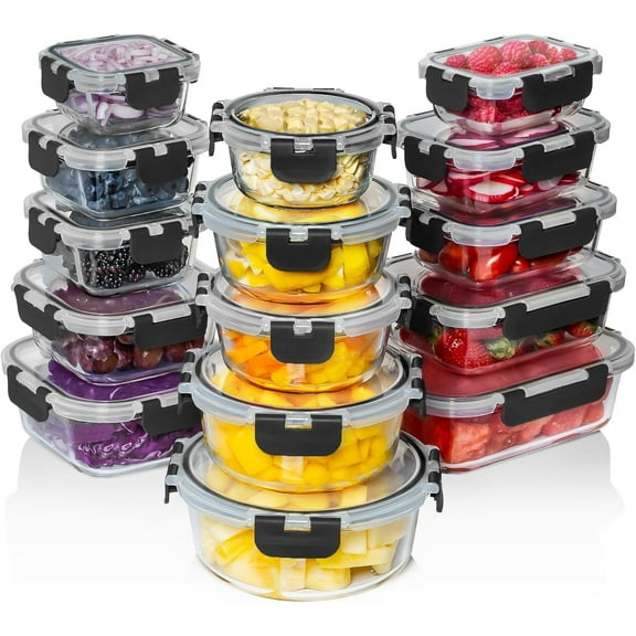 30 PC Glass Food Storage Containers with Lids - Reusable Glass Meal Prep Containers for Lunch and Leftovers - Airtight & Leakproof Snap Locking Lids - Oven, Freezer, Microwave, Dishwasher Safe