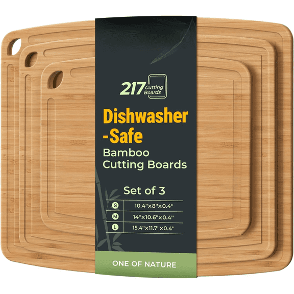 Dishwasher Safe Bamboo Cutting Boards Durable Lightweight Wood Cutting Board for Busy Kitchen, Easy Clean Wooden Chopping Boards with Juice Groove Set of 3 (L+M+S)